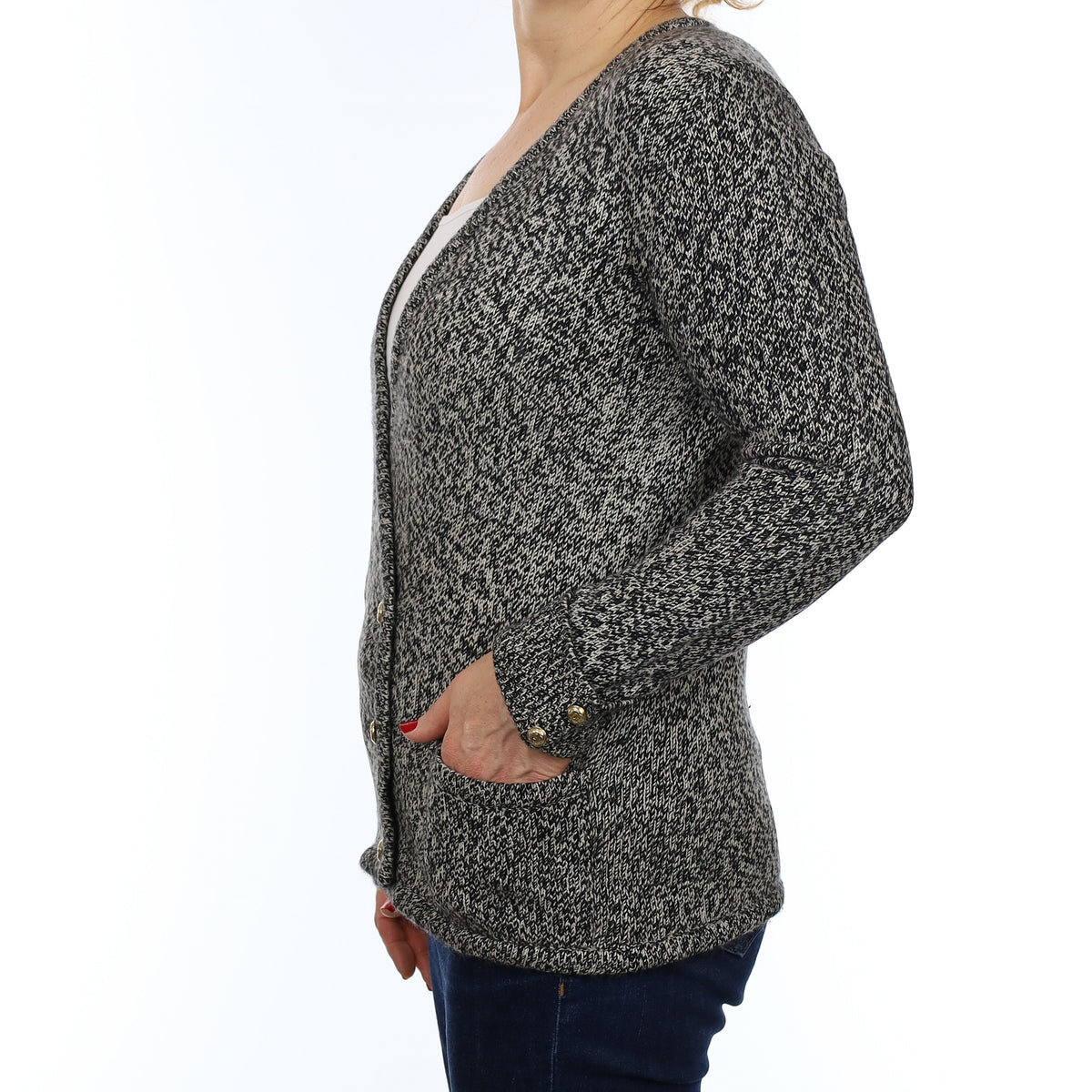 Scottish Vintage Black and Ivory Marl Heavy Knit Cashmere Jacket with Pockets Medium