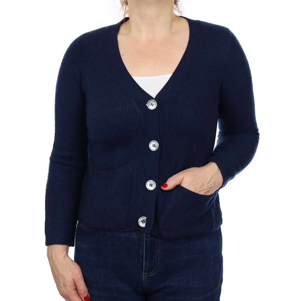 Navy Ribbed Cashmere V Neck Cardigan with Pockets Medium