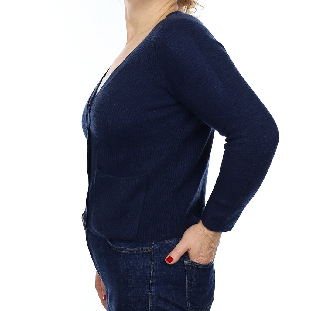 Navy Ribbed Cashmere V Neck Cardigan with Pockets Medium