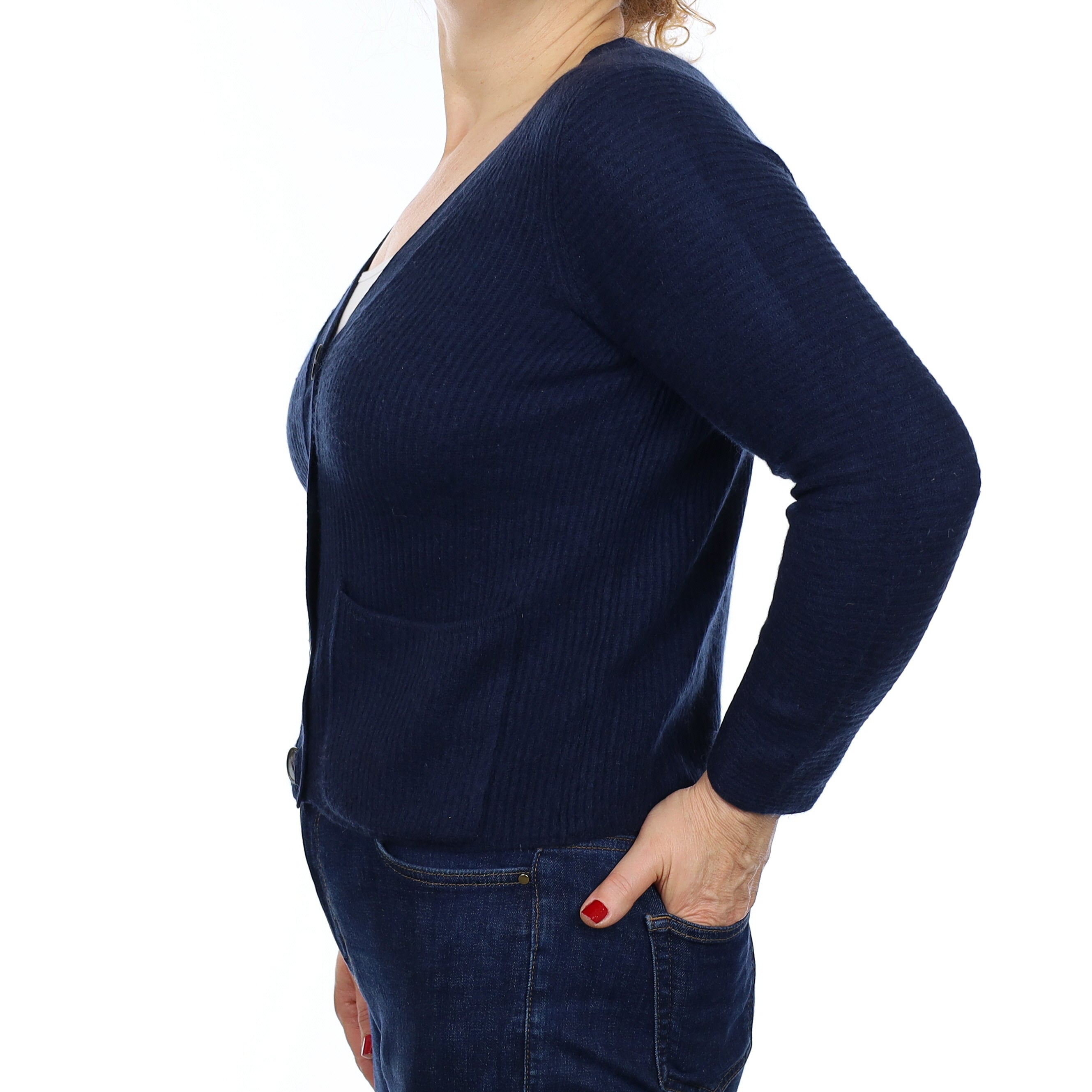 Navy Ribbed Cashmere V Neck Cardigan with Pockets Medium