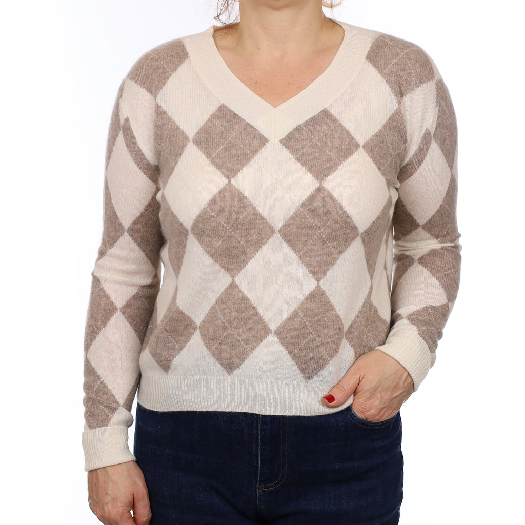 Ivory and Taupe Diamond Cashmere V Neck Jumper Medium