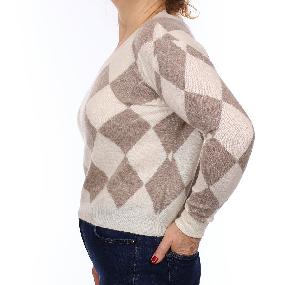 Ivory and Taupe Diamond Cashmere V Neck Jumper Medium
