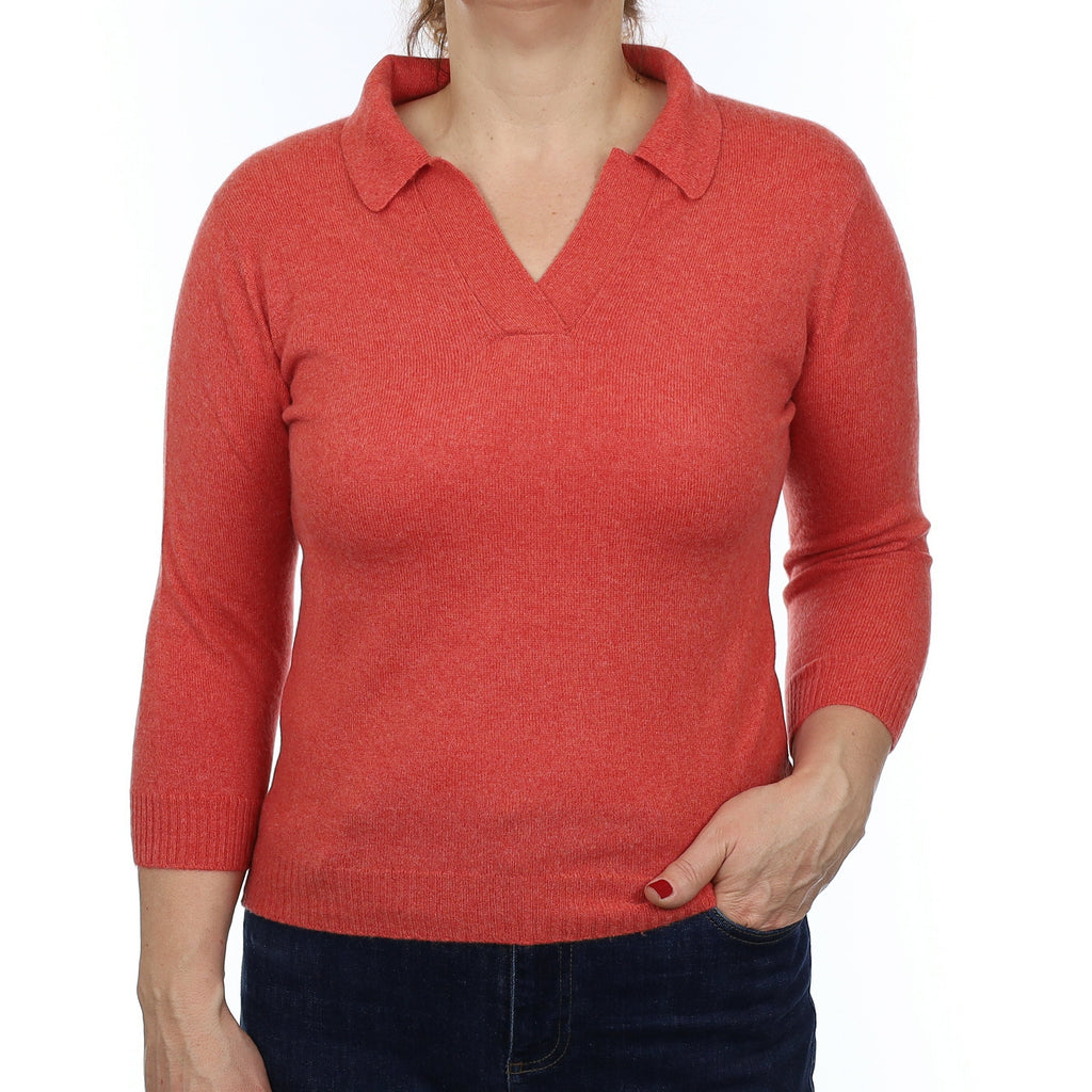 Scottish Brora Soda Orange Cashmere Collared V Neck Jumper Medium