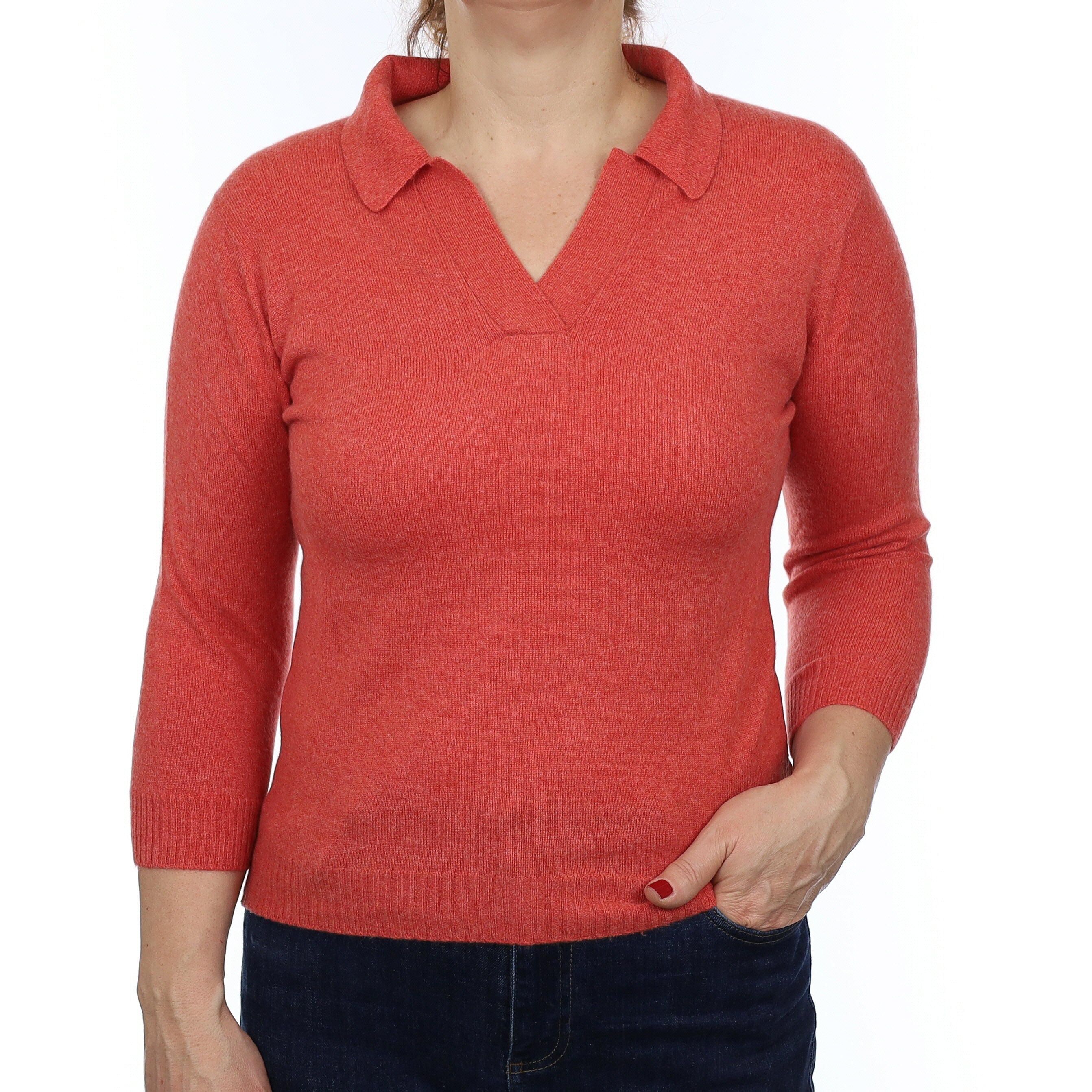 Scottish Brora Soda Orange Cashmere Collared V Neck Jumper Medium