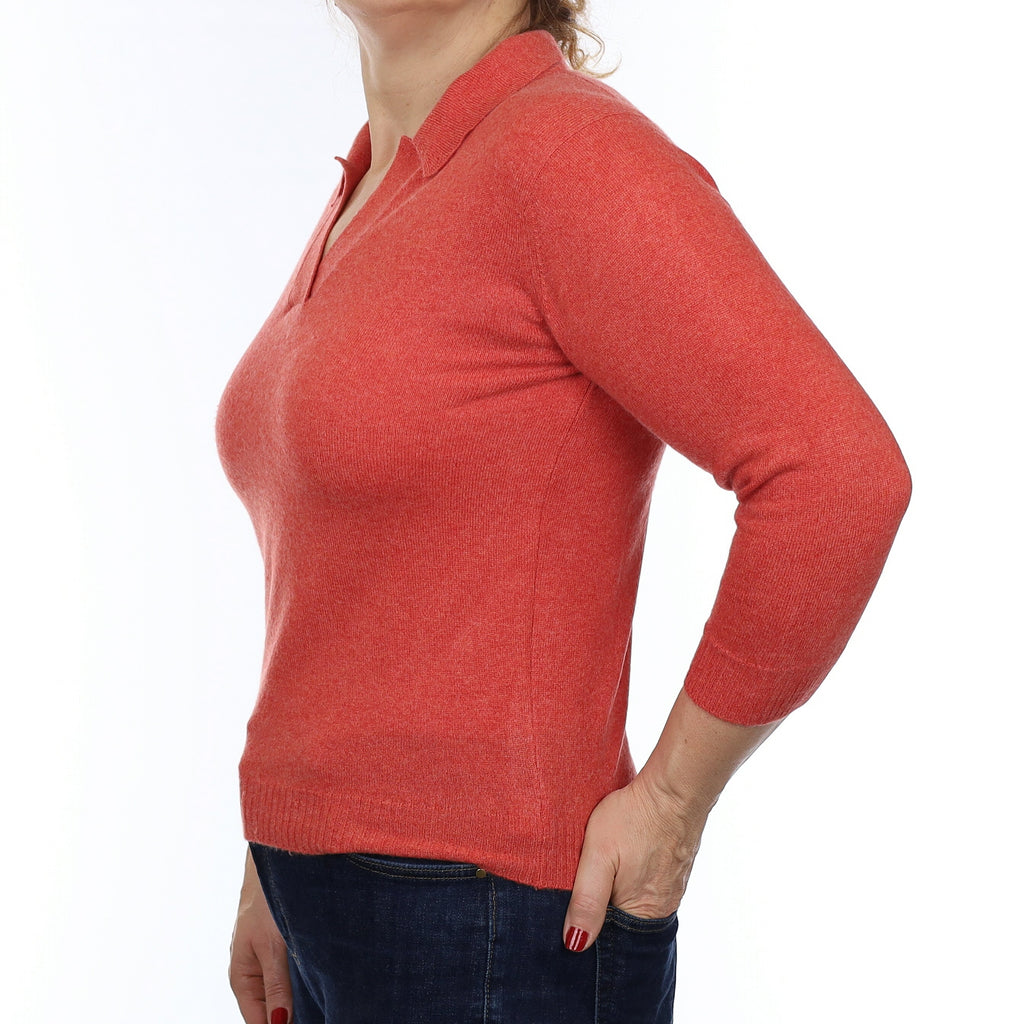 Scottish Brora Soda Orange Cashmere Collared V Neck Jumper Medium