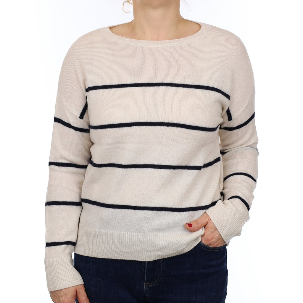 The White Company Ivory and Navy Stripe Cashmere Crew Neck Jumper Medium