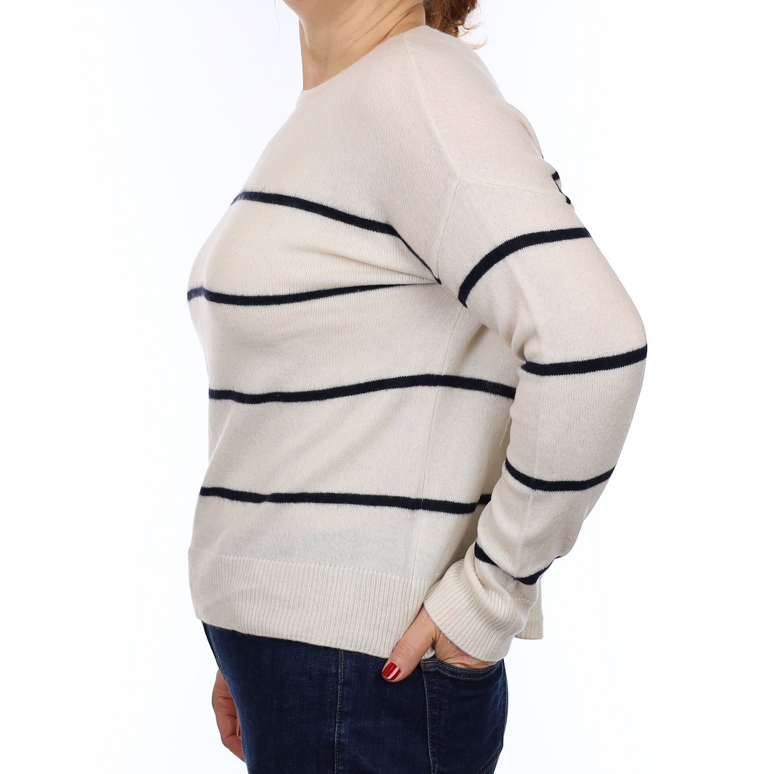 The White Company Ivory and Navy Stripe Cashmere Crew Neck Jumper Medium