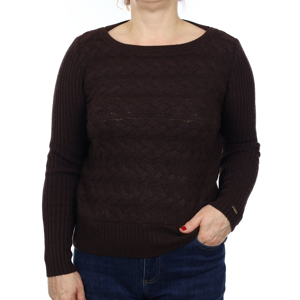 St John Chocolate Brown Chunky Cable Cashmere Boat Neck Jumper Medium