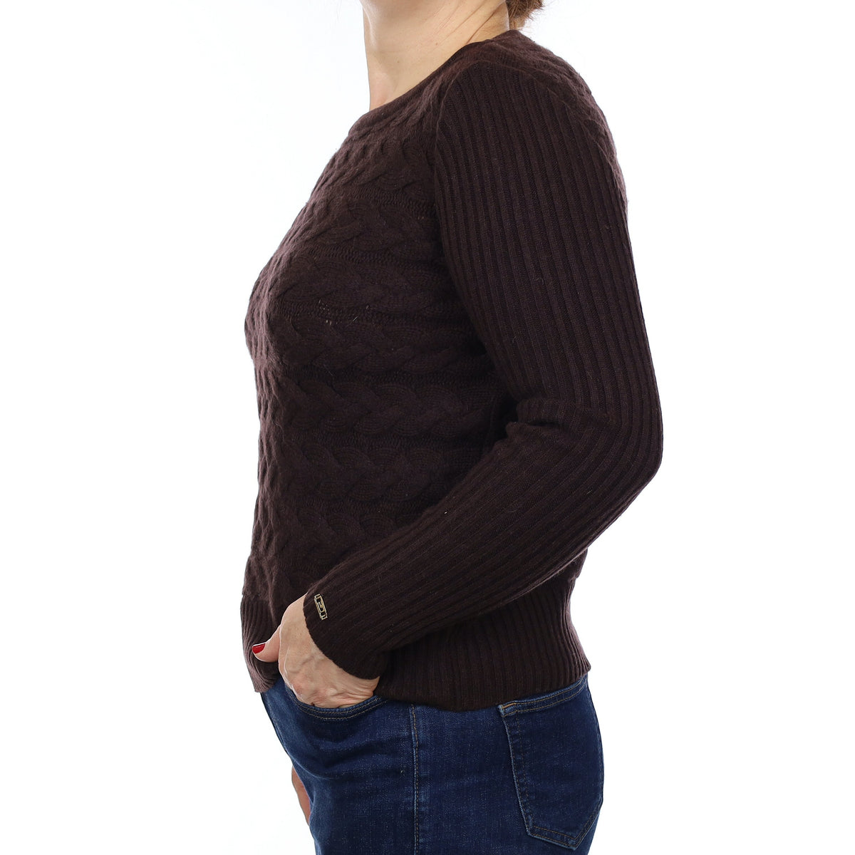 St John Chocolate Brown Chunky Cable Cashmere Boat Neck Jumper Medium
