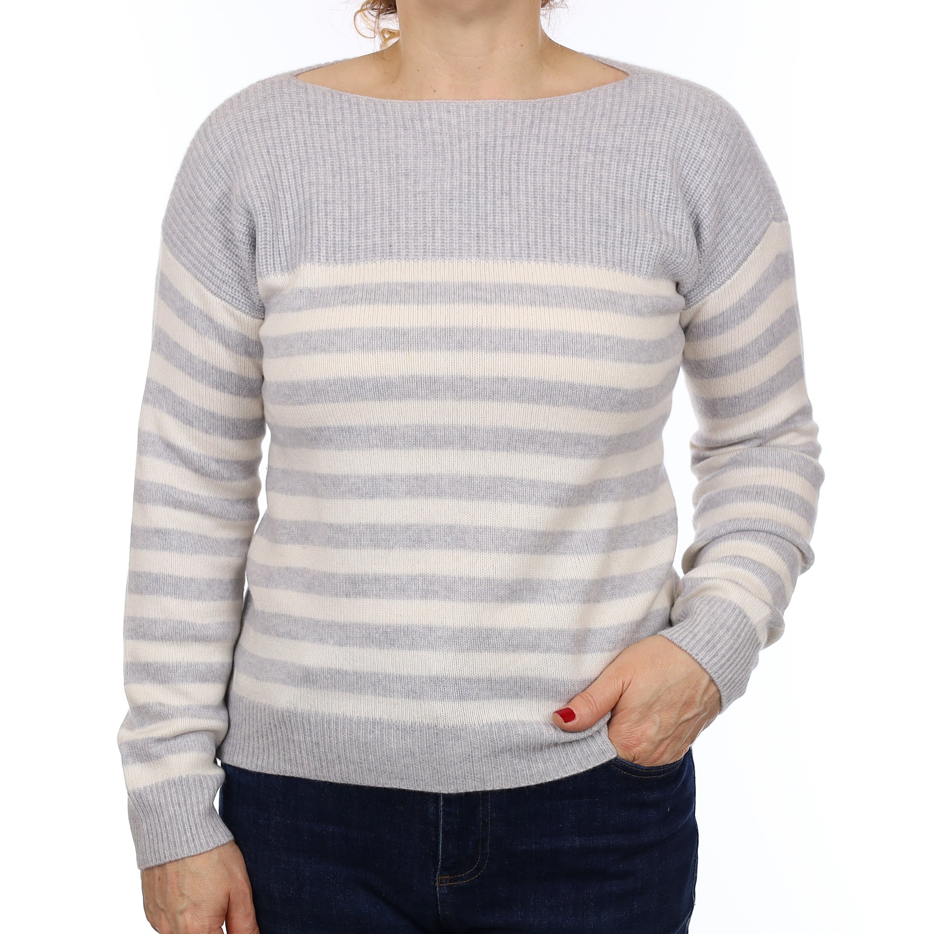The White Company Grey Striped Cashmere Boat Neck Jumper Medium