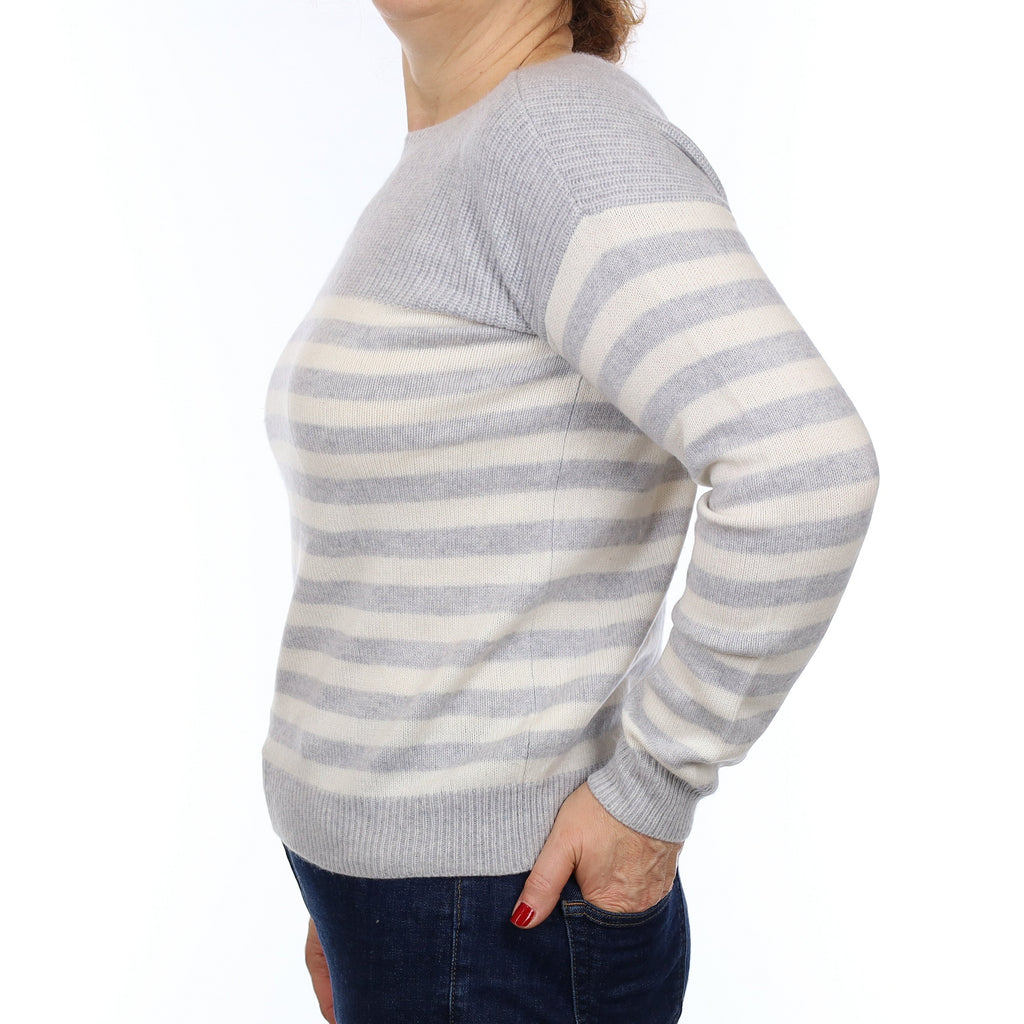 The White Company Grey Striped Cashmere Boat Neck Jumper Medium