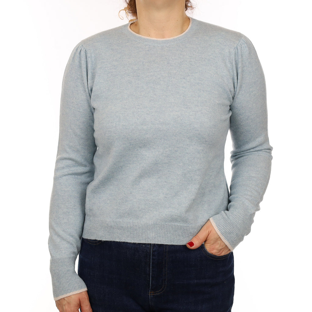 Scottish Brown Duck Egg Blue Cashmere Crew Neck Jumper Medium