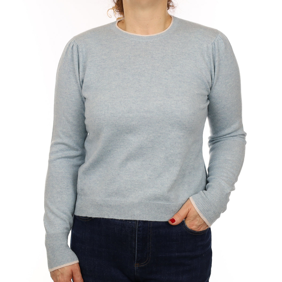 Scottish Brown Duck Egg Blue Cashmere Crew Neck Jumper Medium