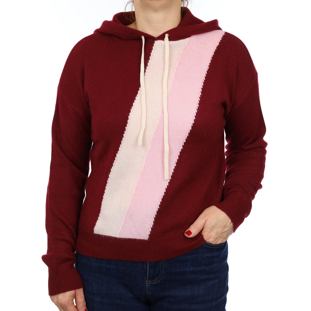 Burgundy and Pink Heavy Knit Cashmere Hoodie Jumper Medium