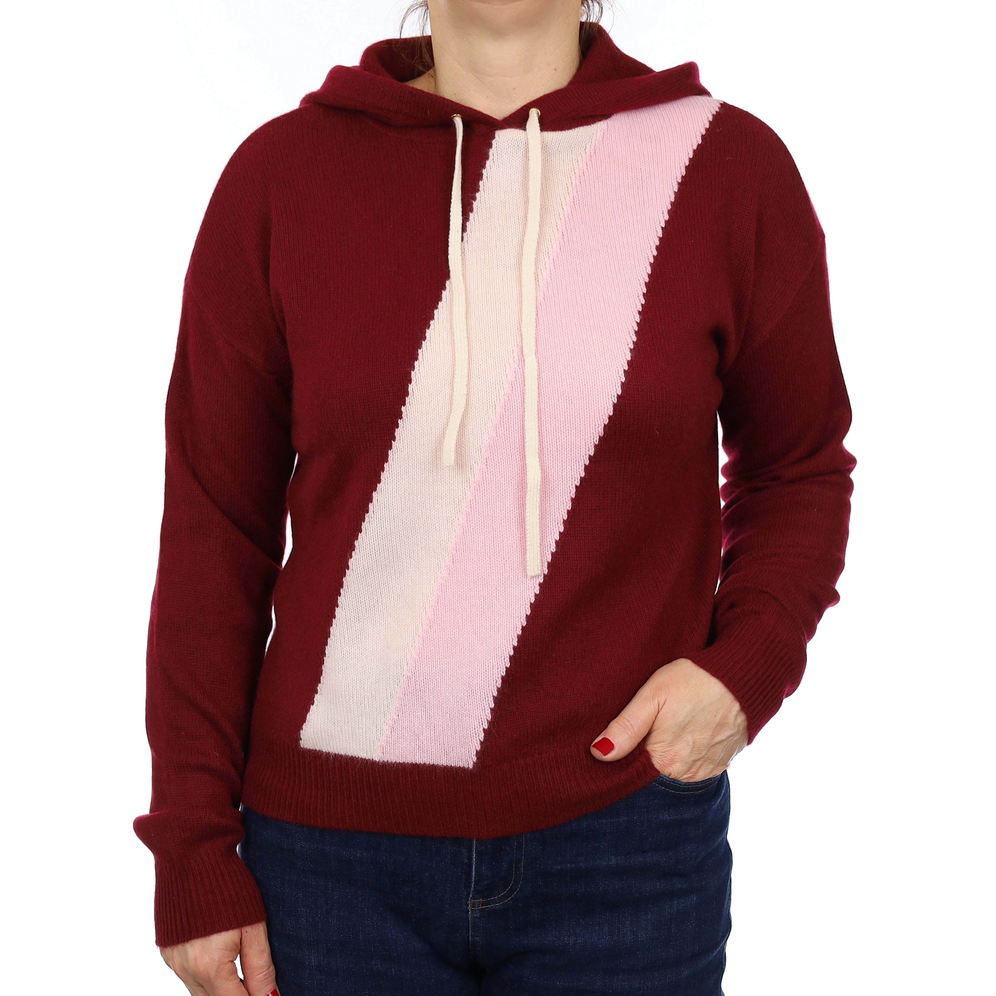 Burgundy and Pink Heavy Knit Cashmere Hoodie Jumper Medium