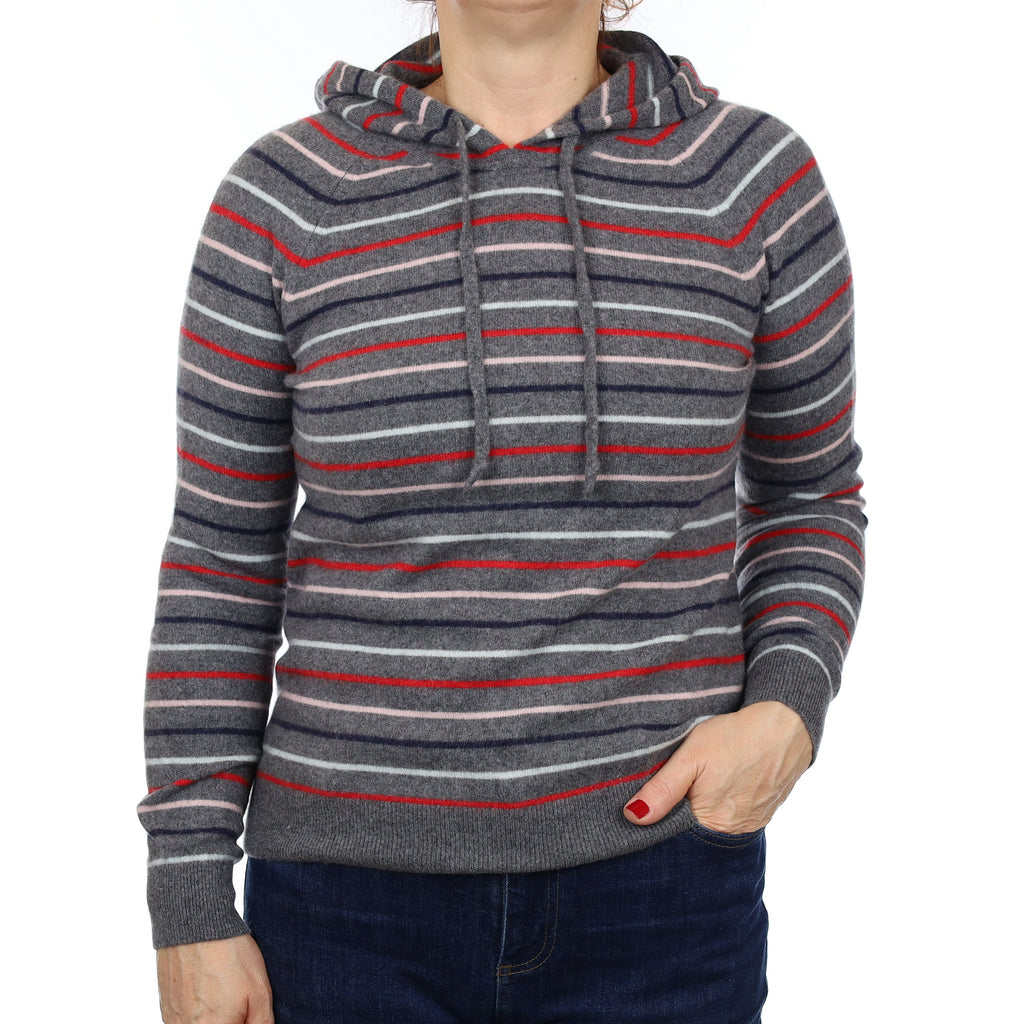 Grey and Red Striped Cashmere Hoodie Jumper Medium
