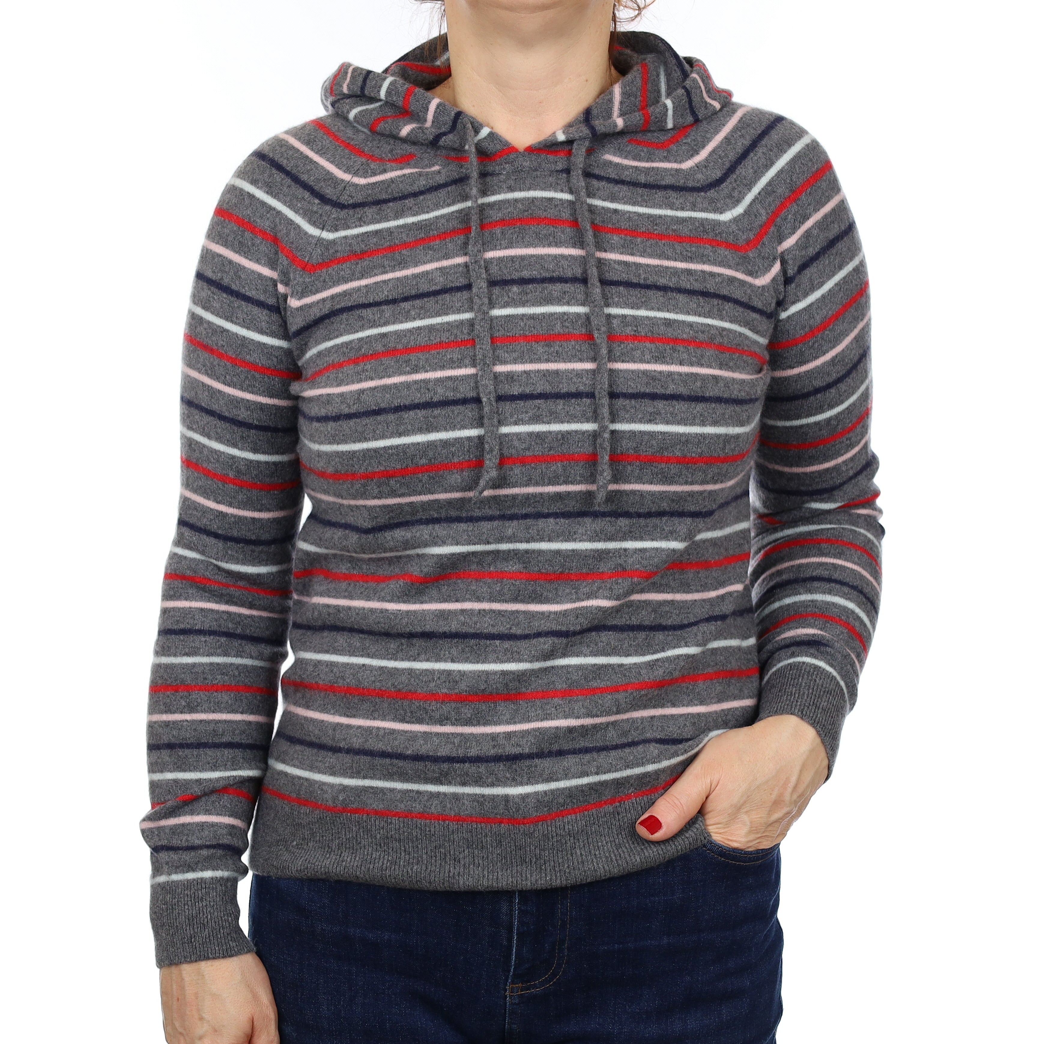 Grey and Red Striped Cashmere Hoodie Jumper Medium