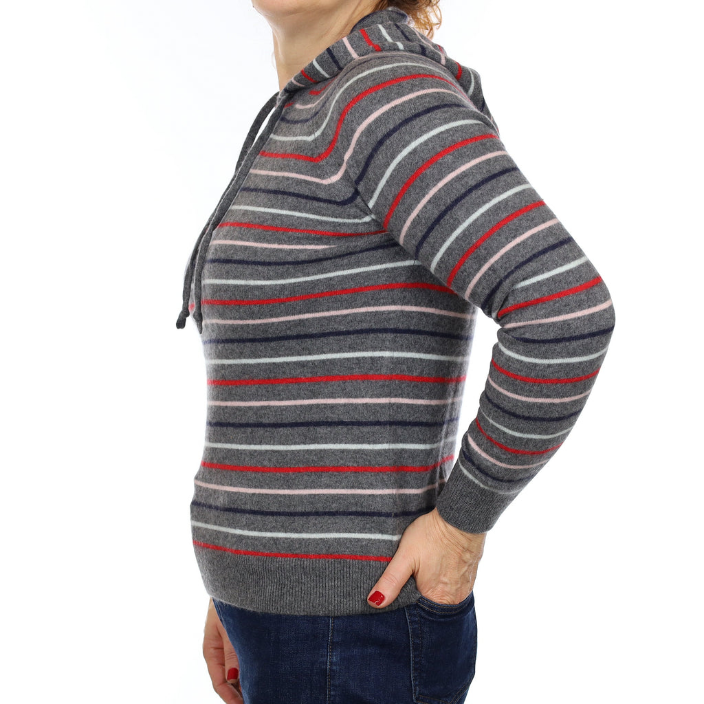 Grey and Red Striped Cashmere Hoodie Jumper Medium