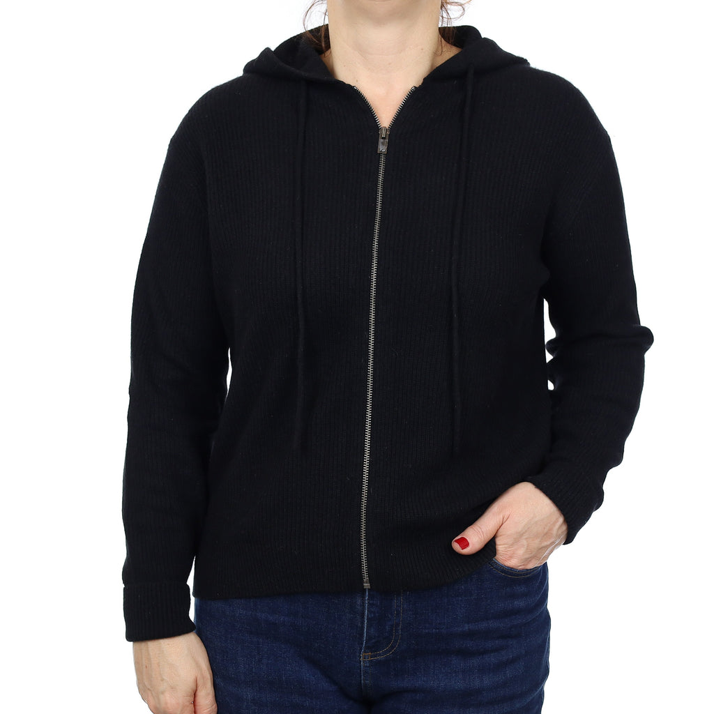 Theory Black Ribbed Cashmere Zip Up Hoodie Medium