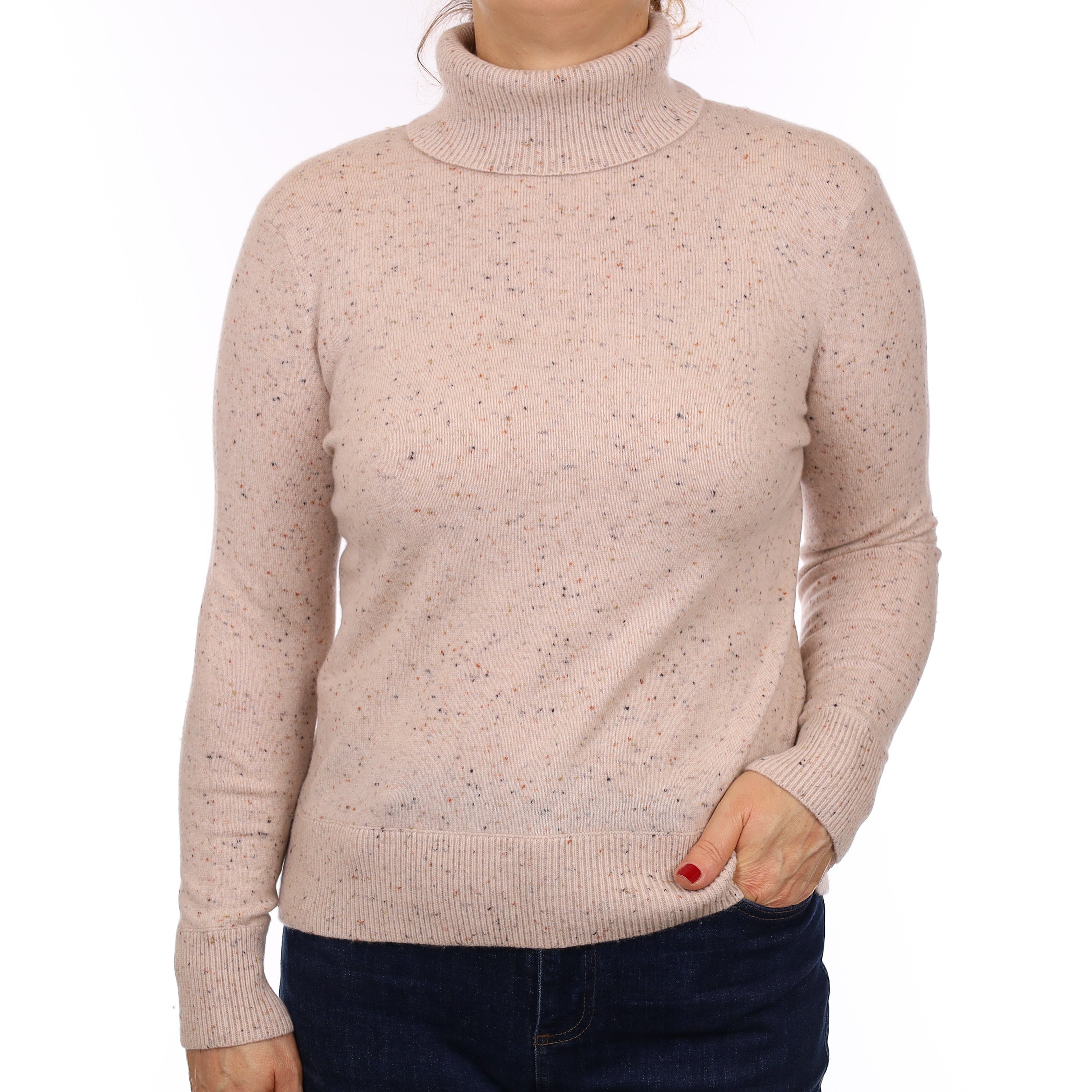 Oatmeal Flecked Cashmere Polo Neck Jumper Medium