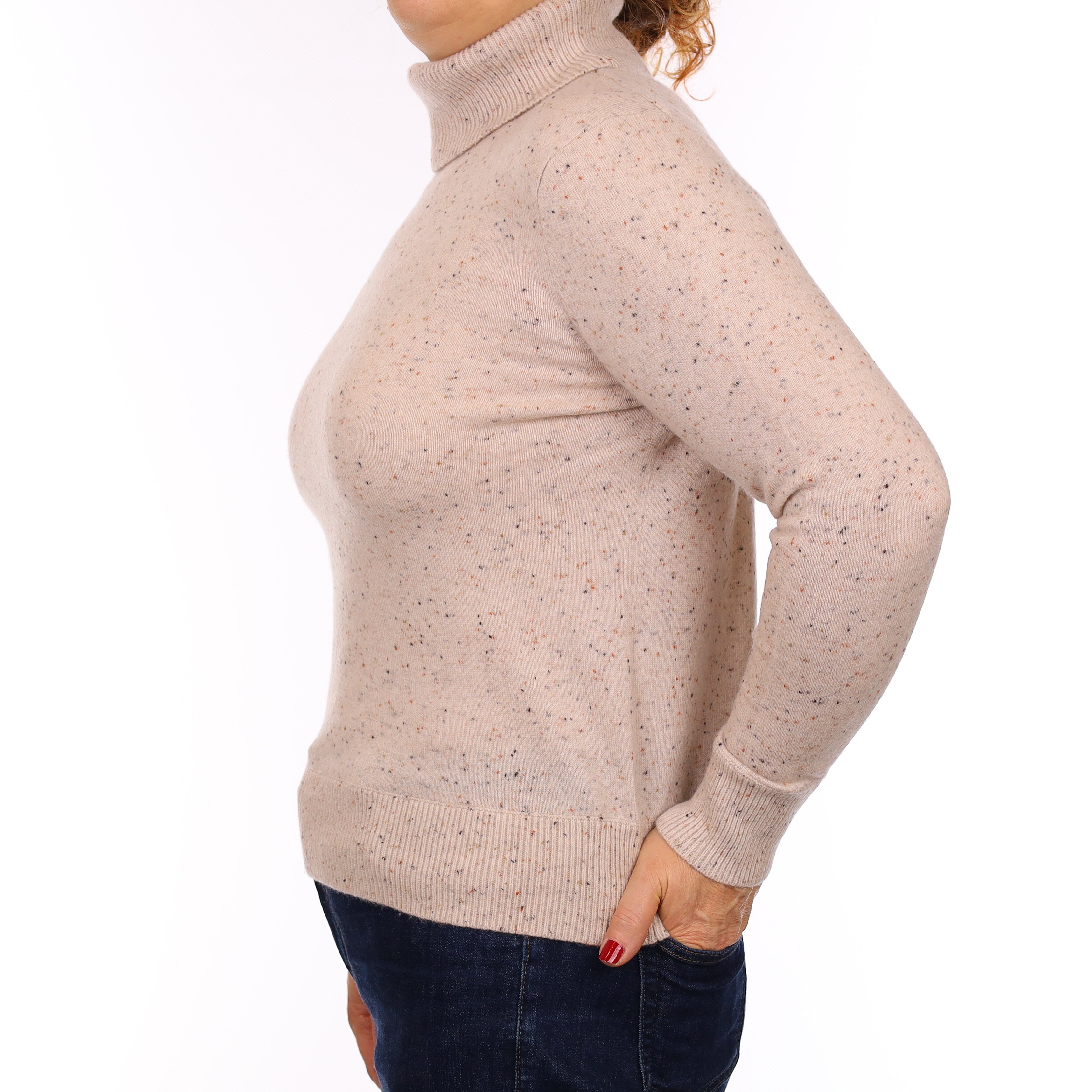 Oatmeal Flecked Cashmere Polo Neck Jumper Medium