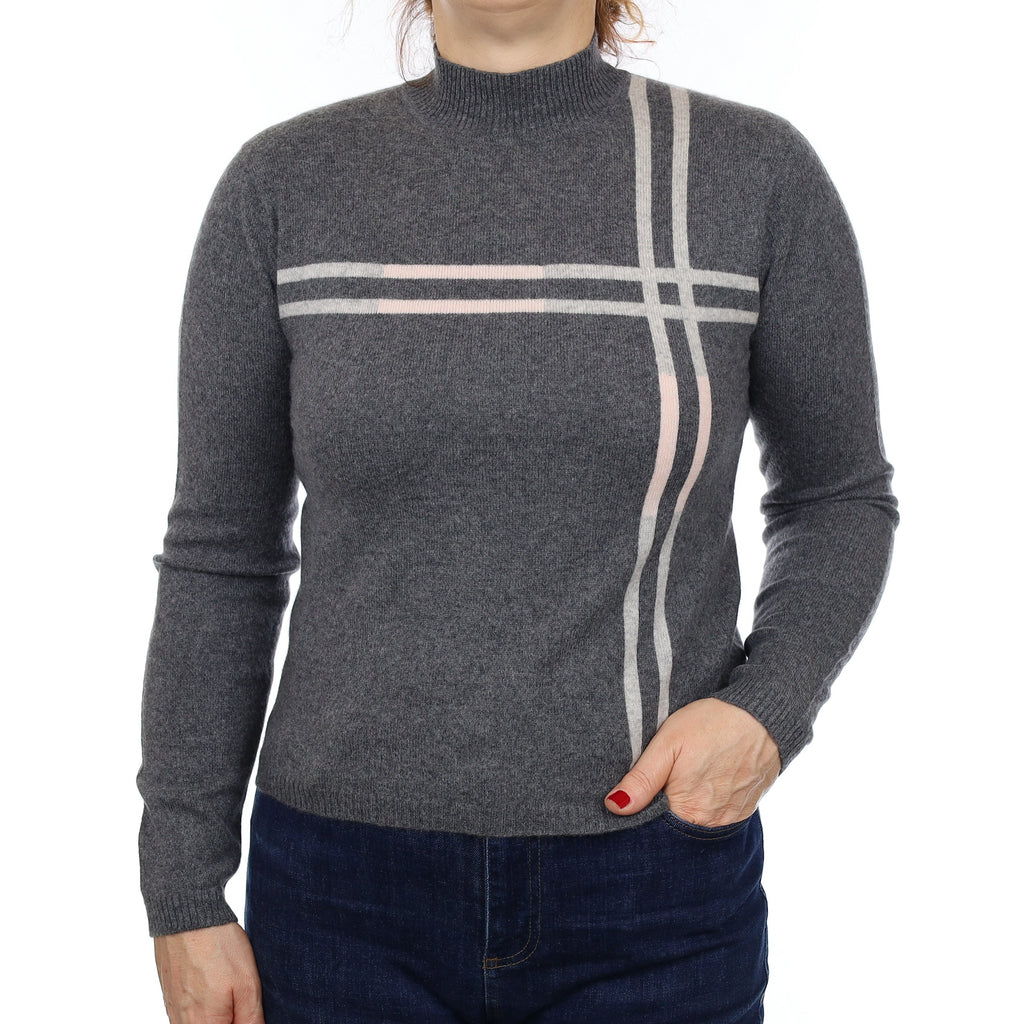 Slate Grey Patterned Cashmere Turtleneck Jumper Medium
