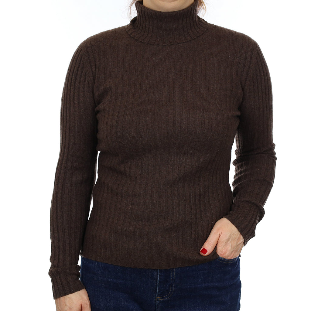 Neiman Marcus Brown Skinny Rib Cashmere Polo Neck Jumper Medium