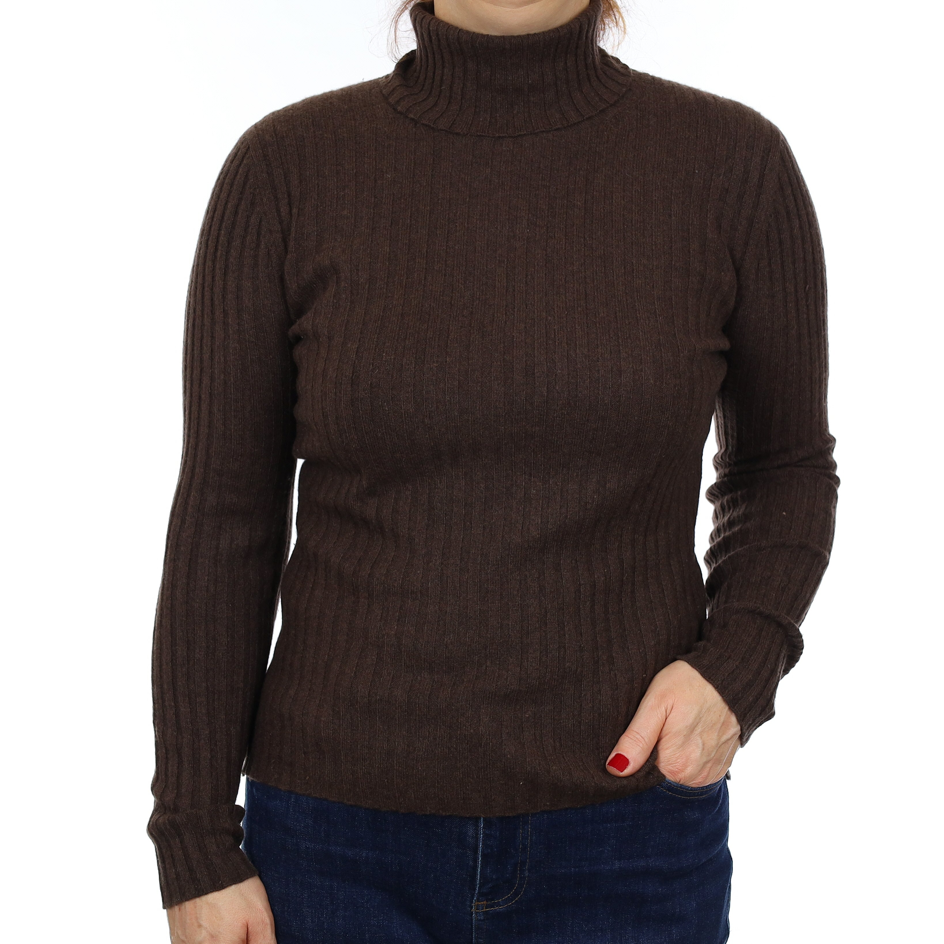 Neiman Marcus Brown Skinny Rib Cashmere Polo Neck Jumper Medium