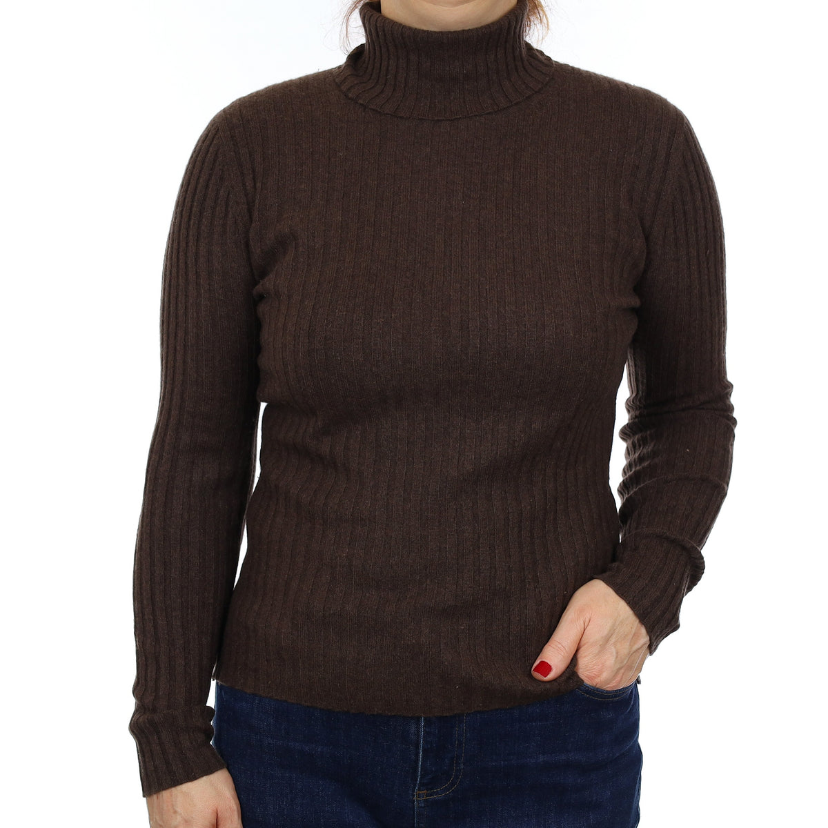 Neiman Marcus Brown Skinny Rib Cashmere Polo Neck Jumper Medium