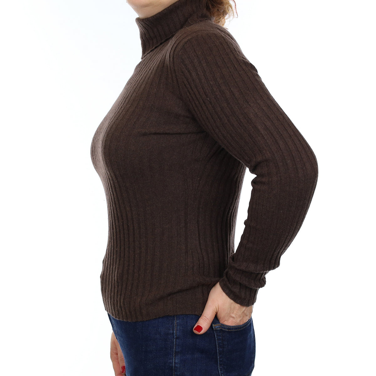 Neiman Marcus Brown Skinny Rib Cashmere Polo Neck Jumper Medium