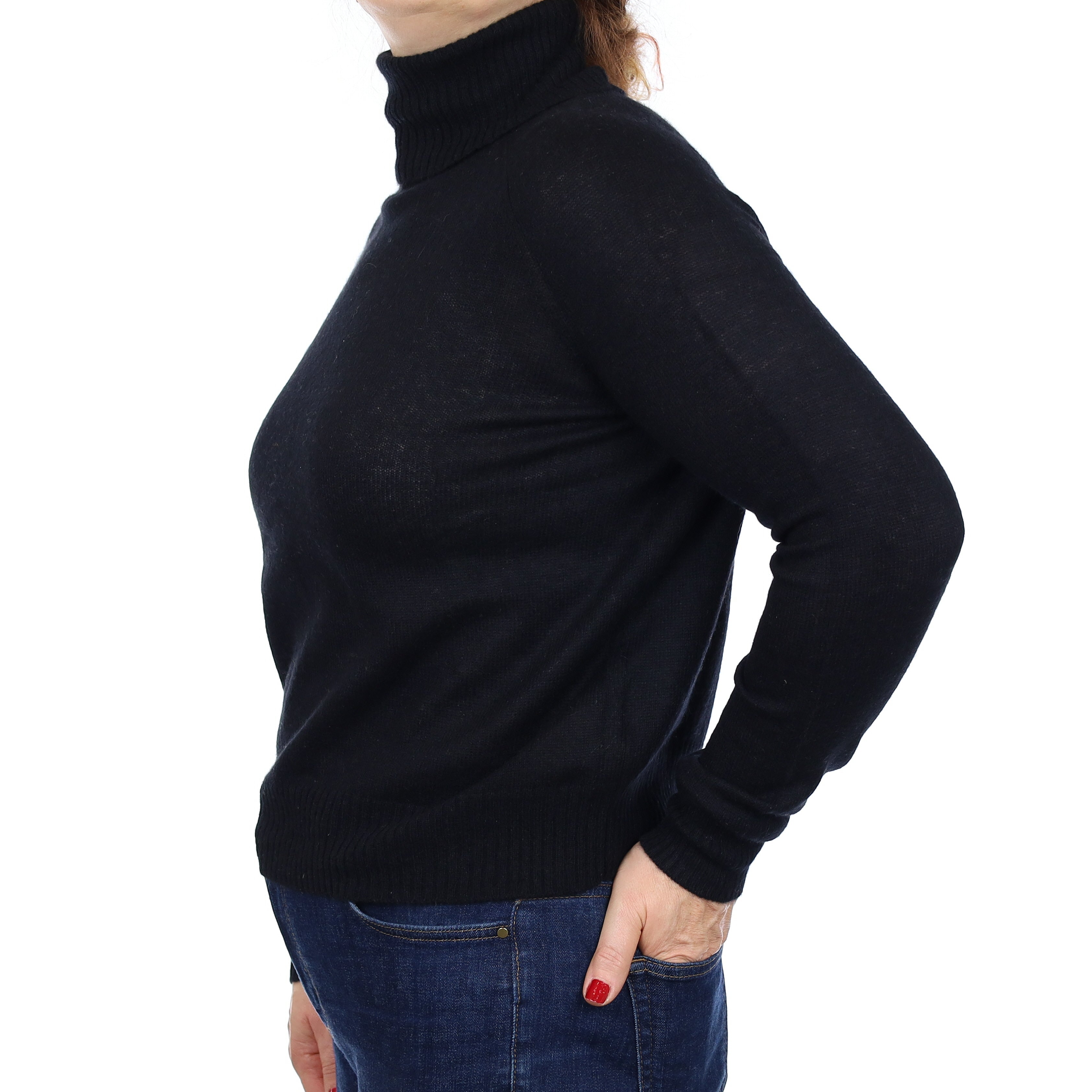 Black Lightweight Cashmere Boxy Polo Neck Jumper Medium