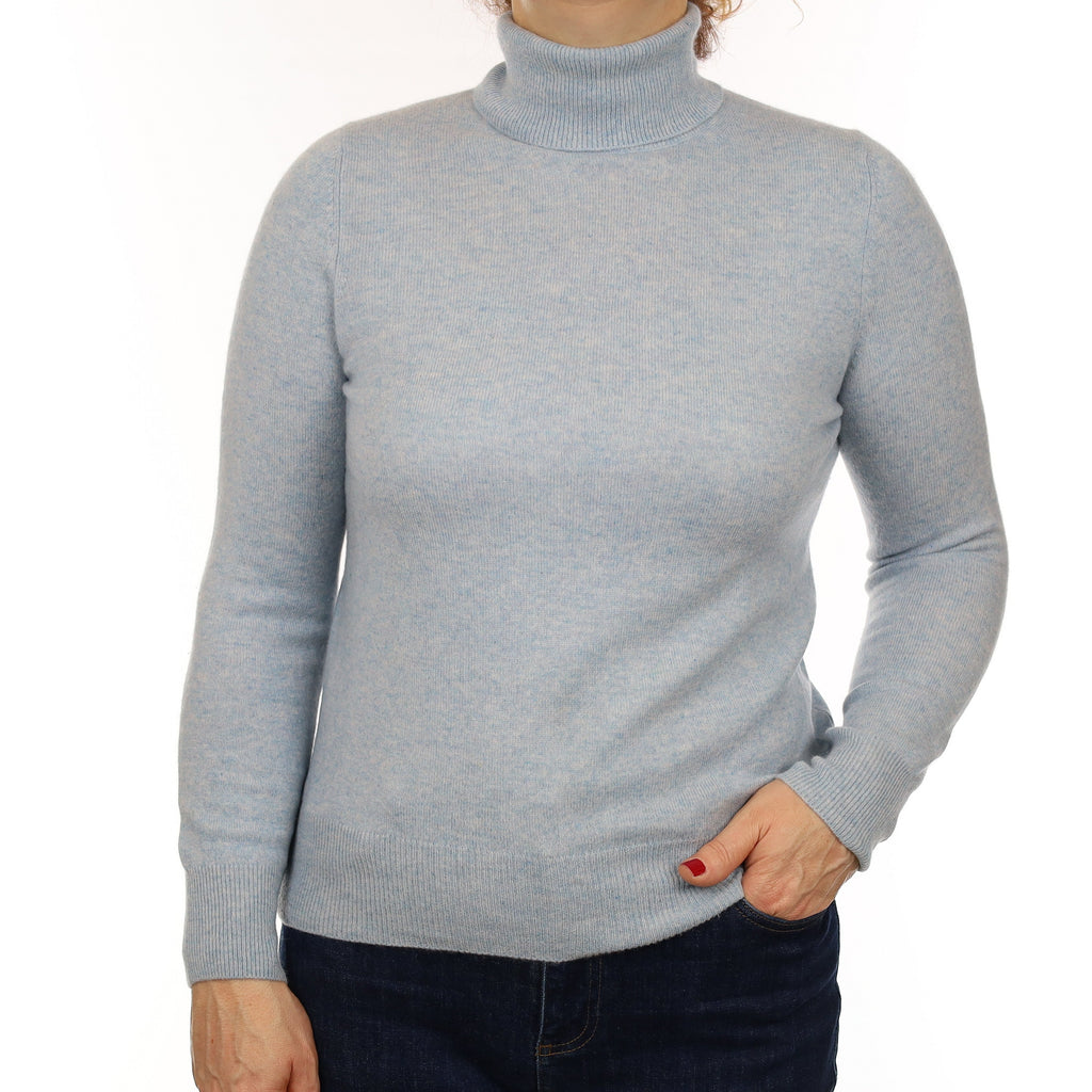 Opal Blue Marl Cashmere Polo Neck Jumper Medium