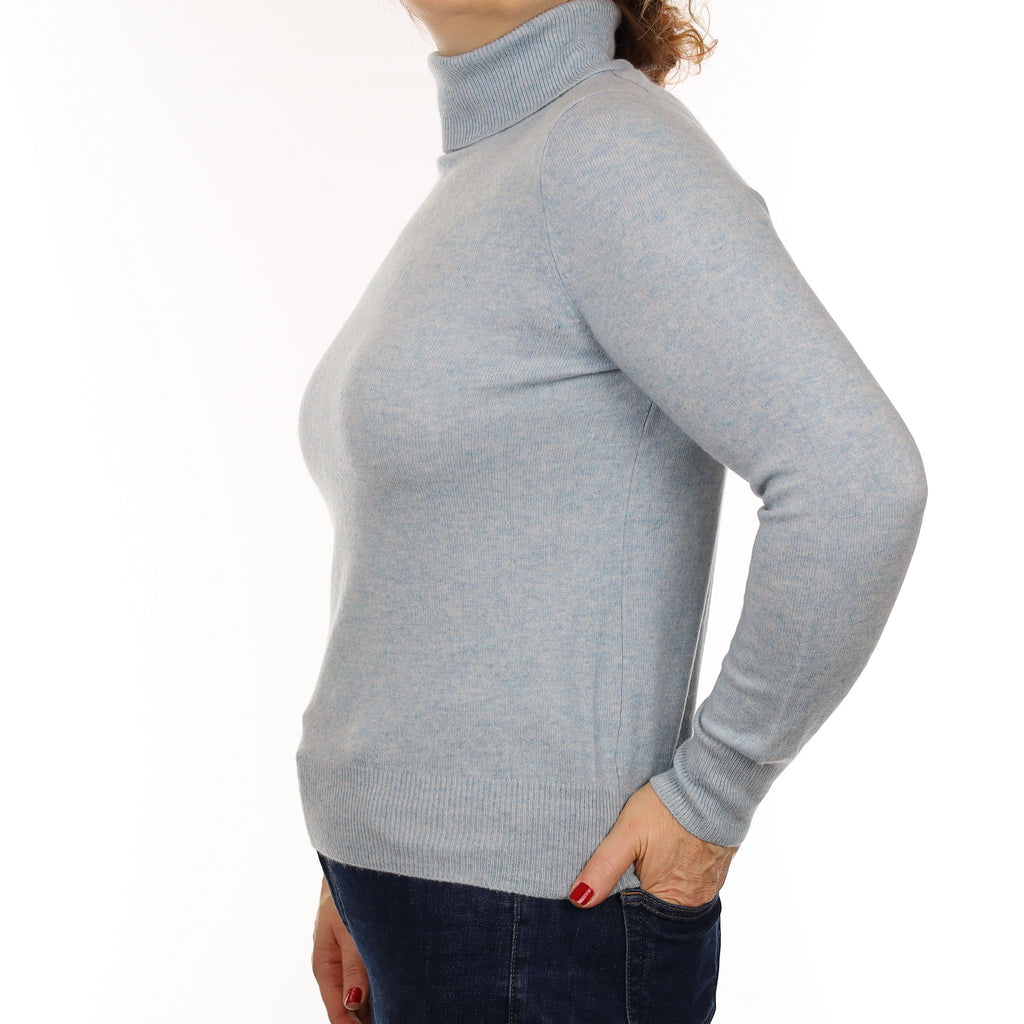 Opal Blue Marl Cashmere Polo Neck Jumper Medium