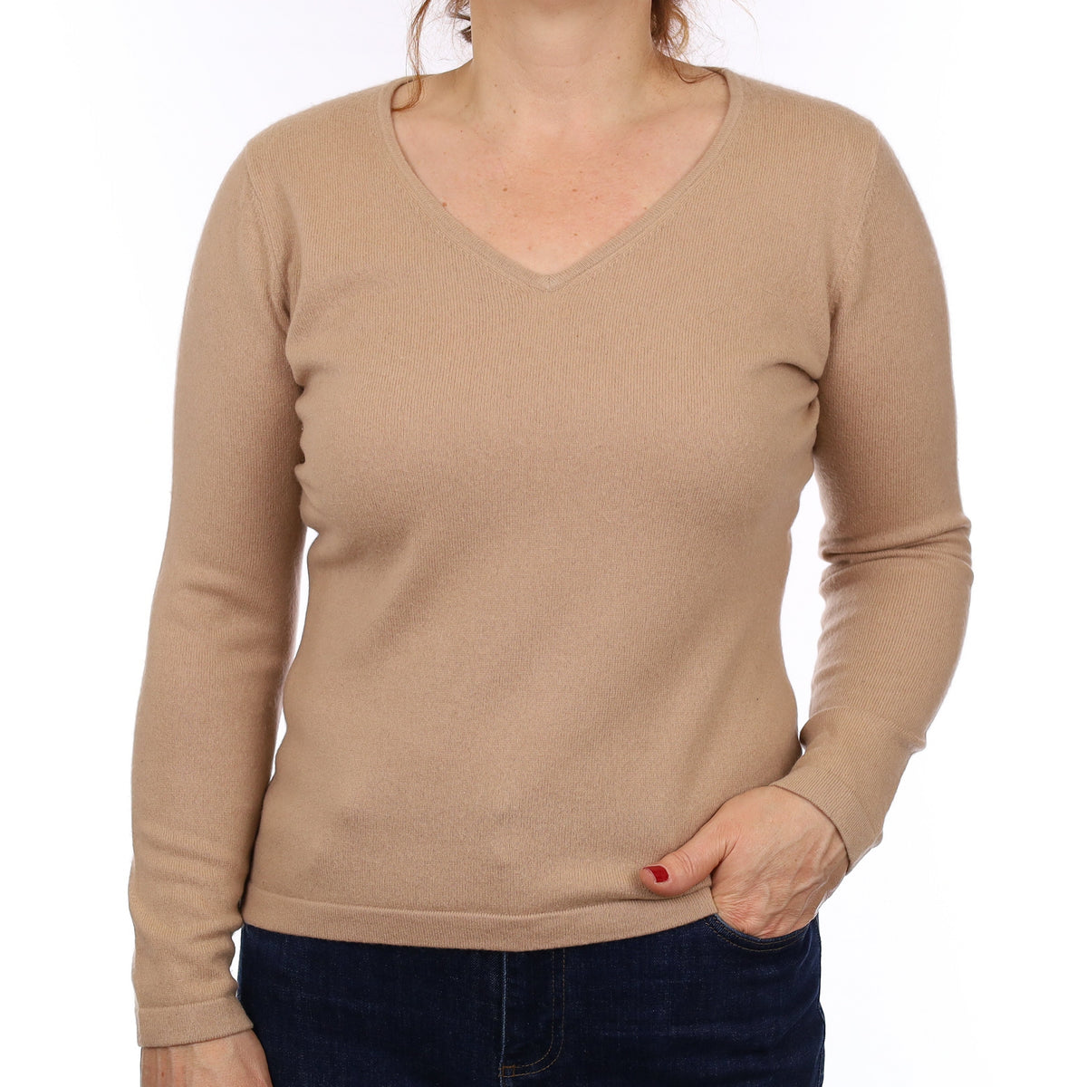 Buff Beige Cashmere V Neck Jumper Medium