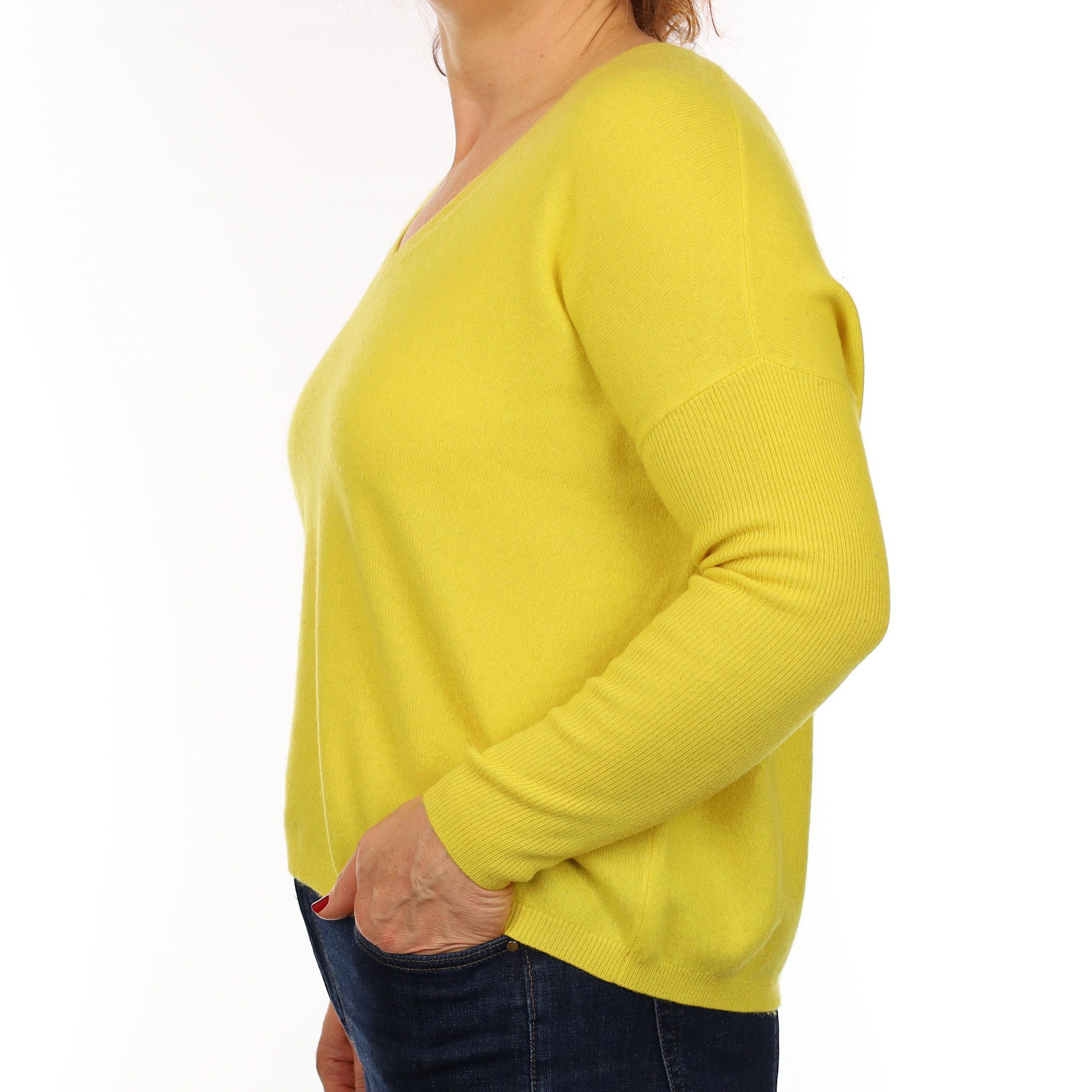Bright Yellow Cashmere Boxy V Neck Jumper Medium