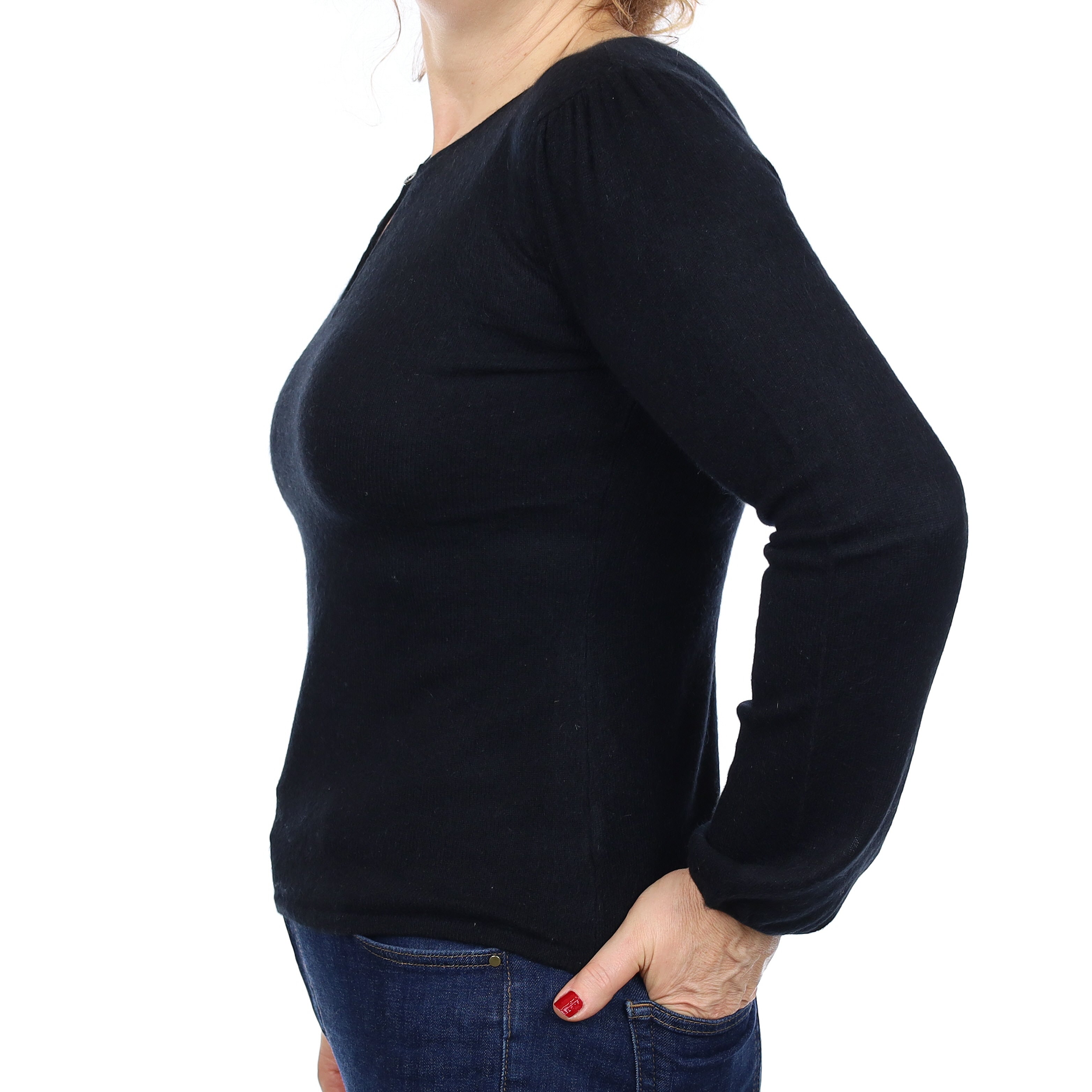 Black Cashmere Keyhole Jumper with Balloon Sleeves Medium