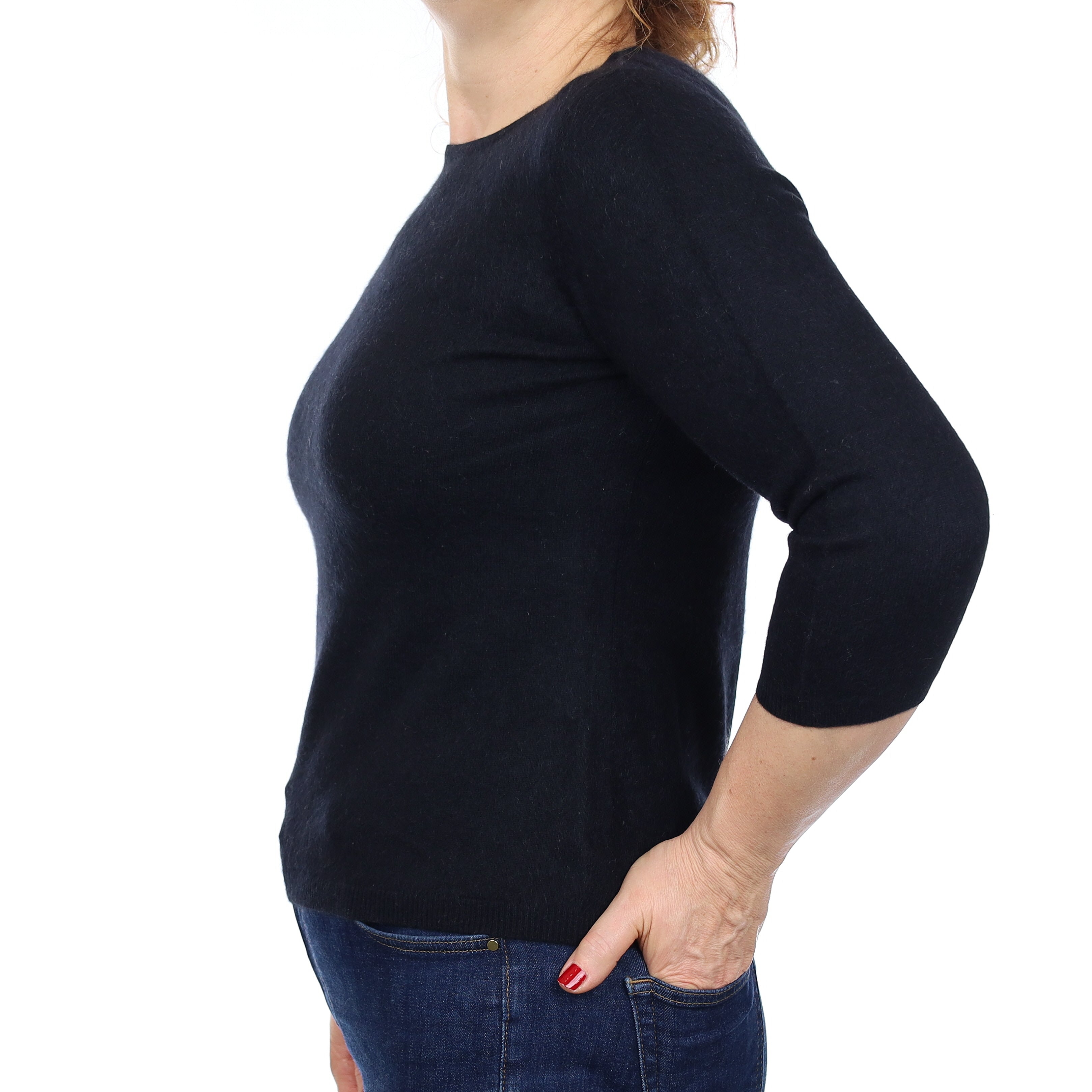 Black Cashmere 3/4 Sleeve Crew Neck Jumper Medium