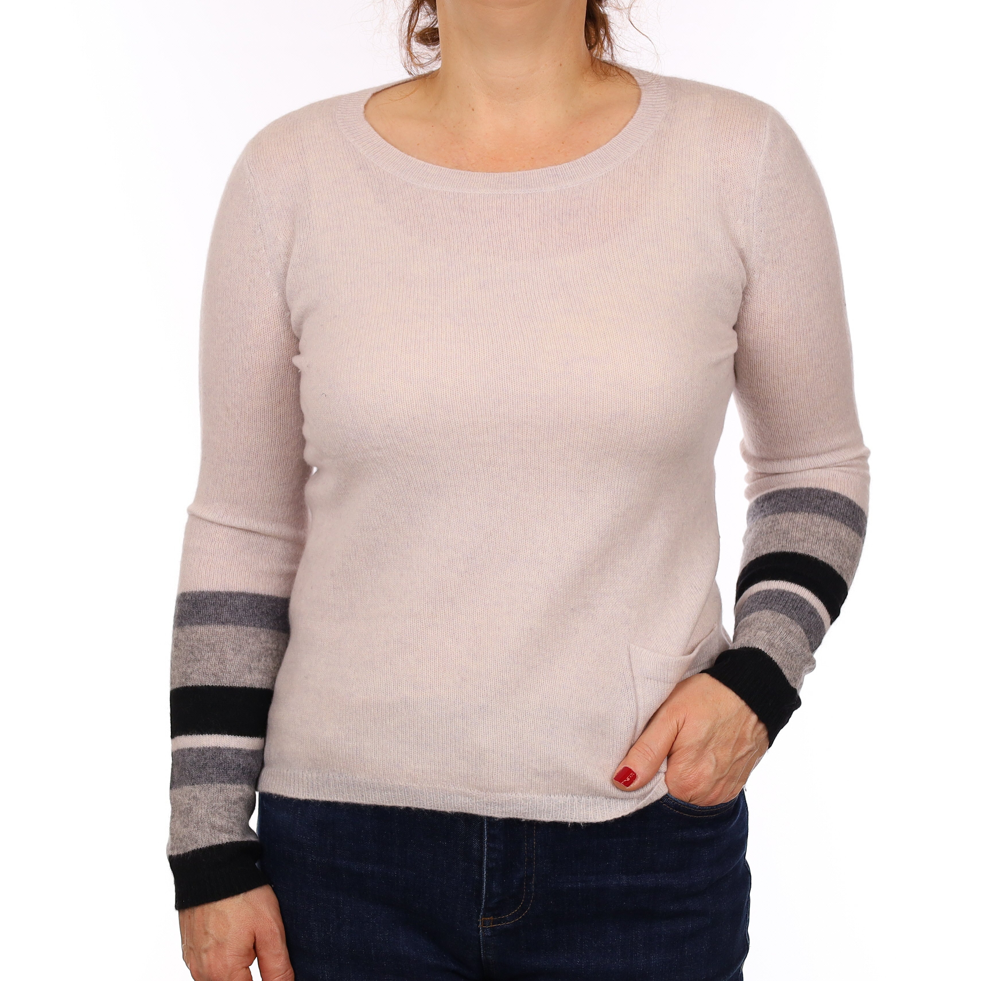 Frost Grey Cashmere Striped Sleeve Crew Neck Jumper with Pocket Medium