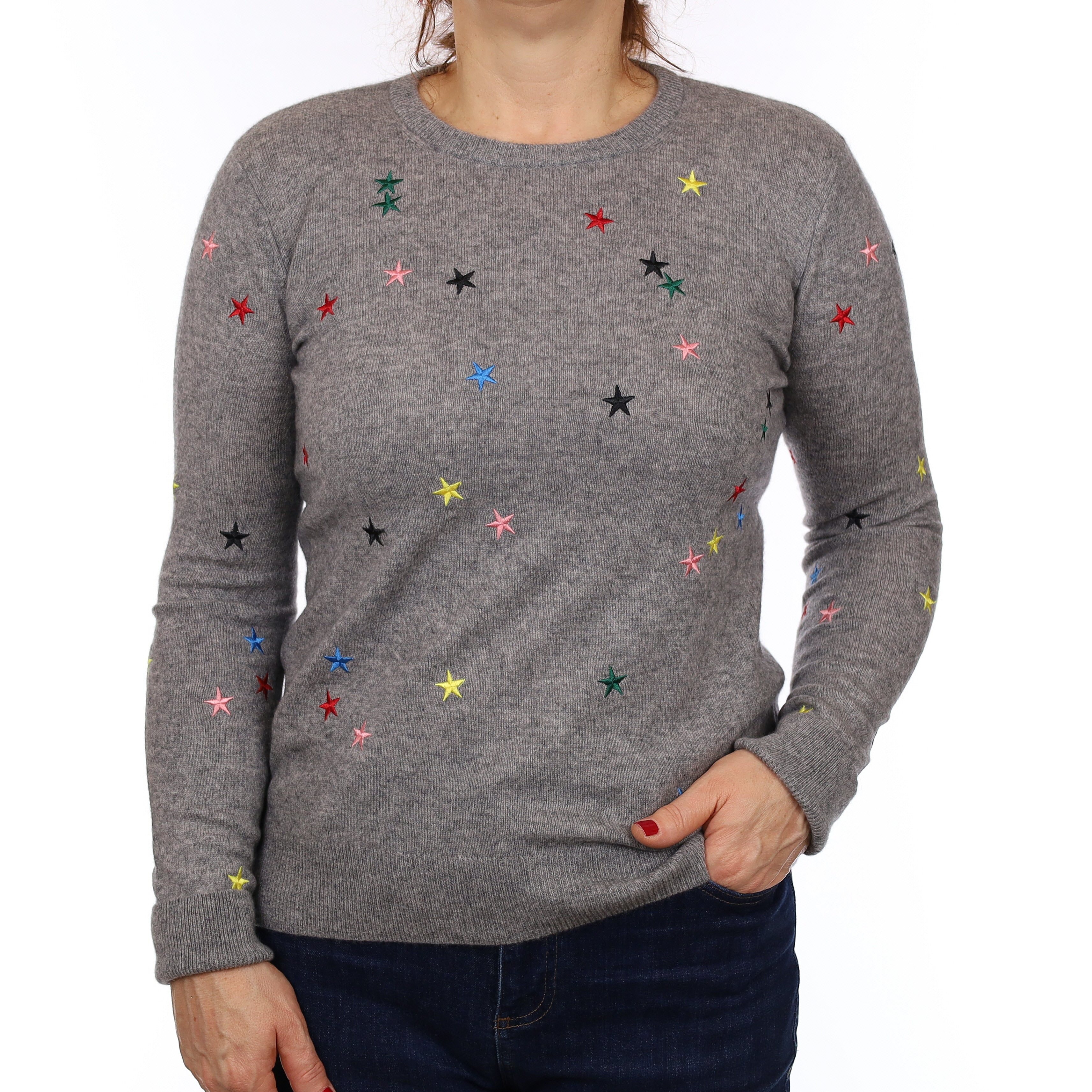 Grey Embroidered Star Cashmere Crew Neck Jumper Medium