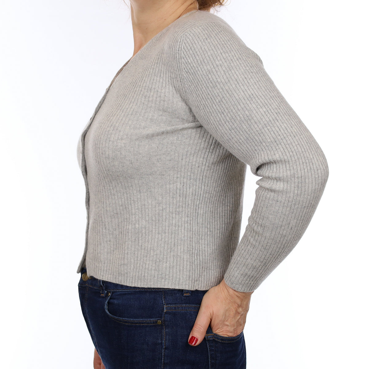 Hanae Mori Mist Grey Ribbed Cashmere V Neck Cardigan Medium