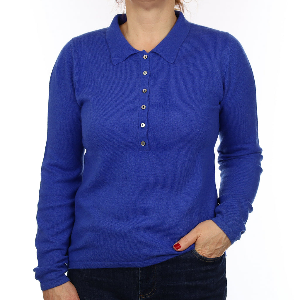 Royal Blue Cashmere Button Neck Jumper with Collar Medium