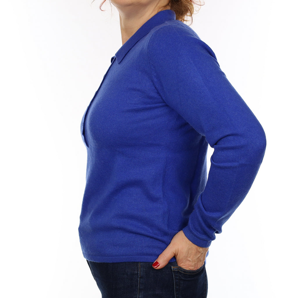 Royal Blue Cashmere Button Neck Jumper with Collar Medium