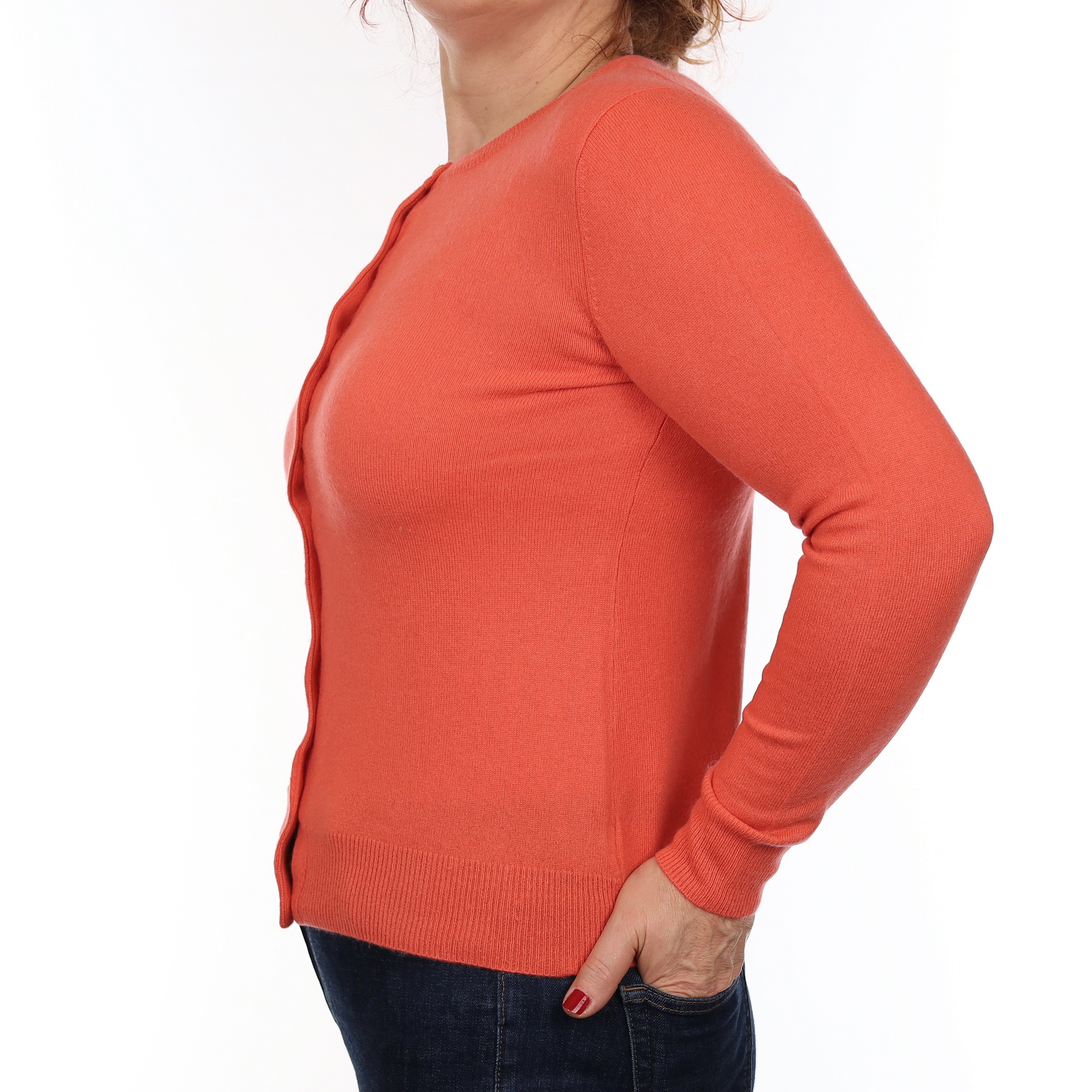 Coral Orange Cashmere Crew Neck Cardigan Medium