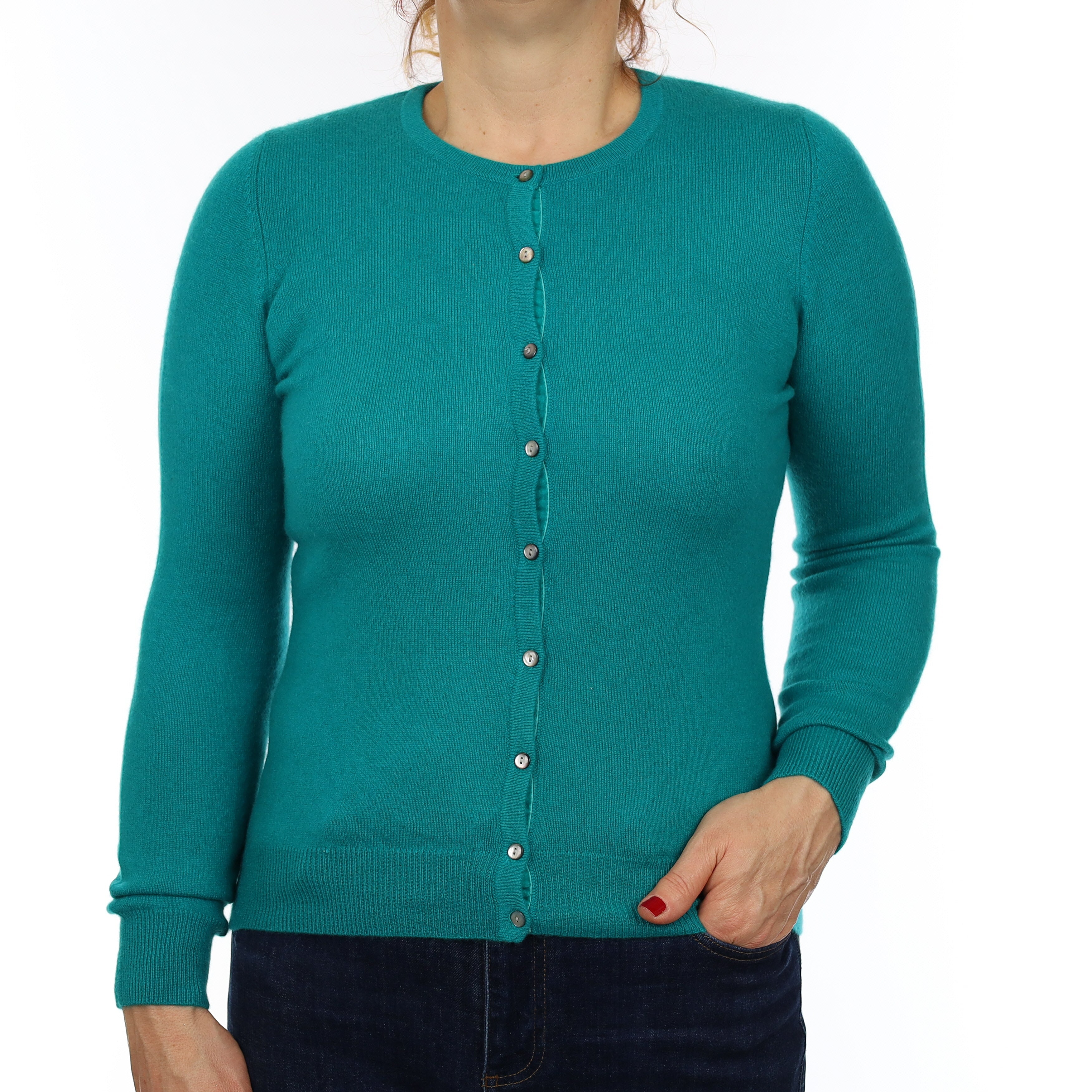 Peacock Green Cashmere Crew Neck Cardigan Medium