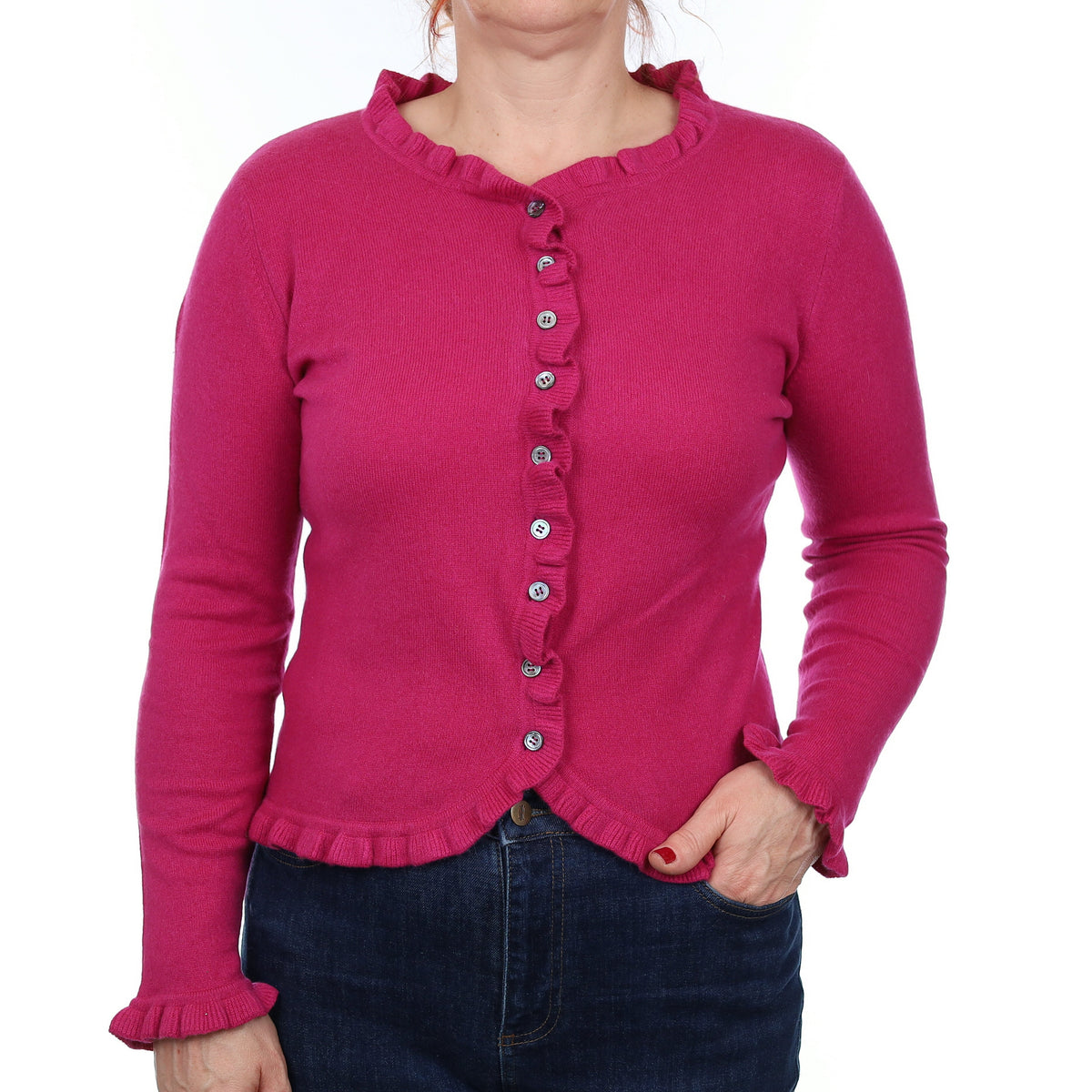 Fuchsia Pink Cashmere Ruffle Edged Cardigan Medium