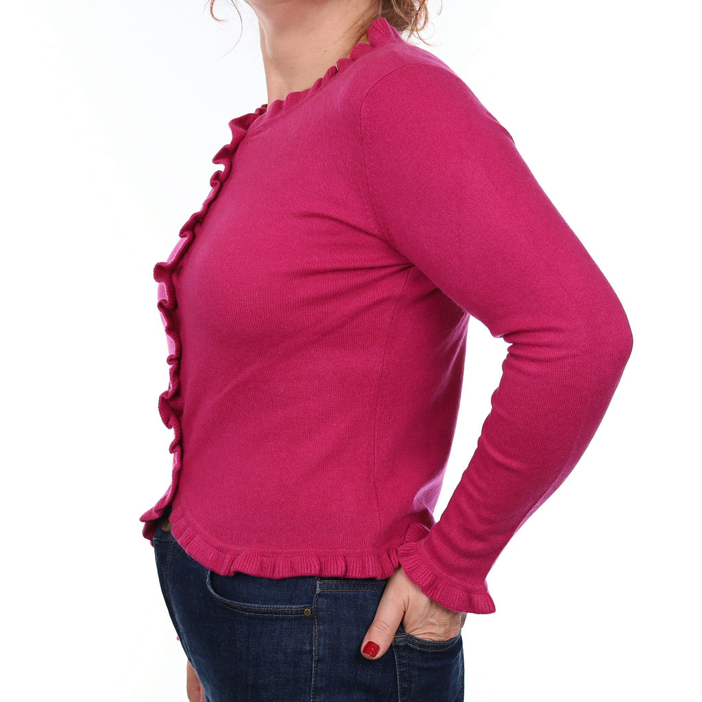 Fuchsia Pink Cashmere Ruffle Edged Cardigan Medium