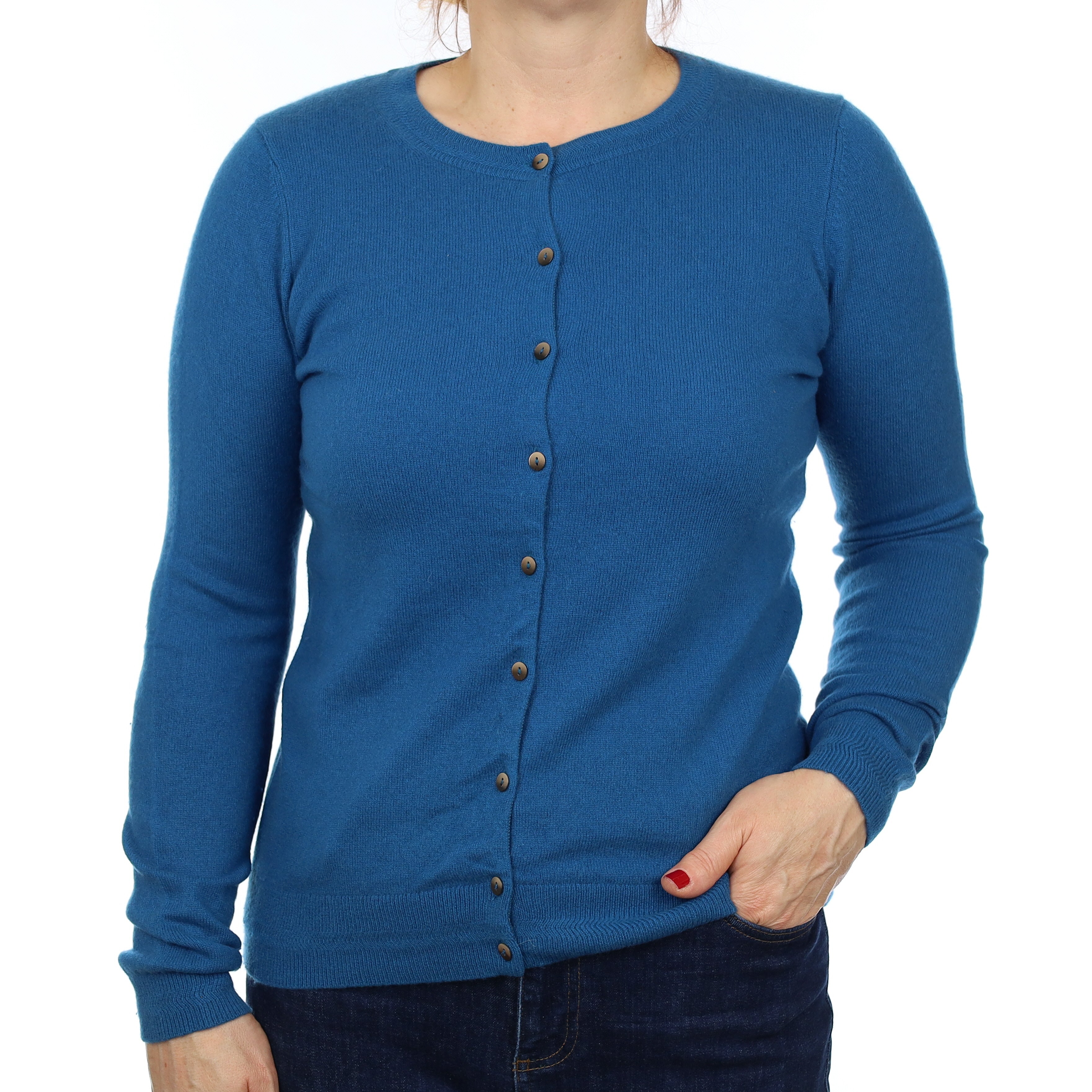 Peacock Blue Cashmere Crew Neck Cardigan Medium