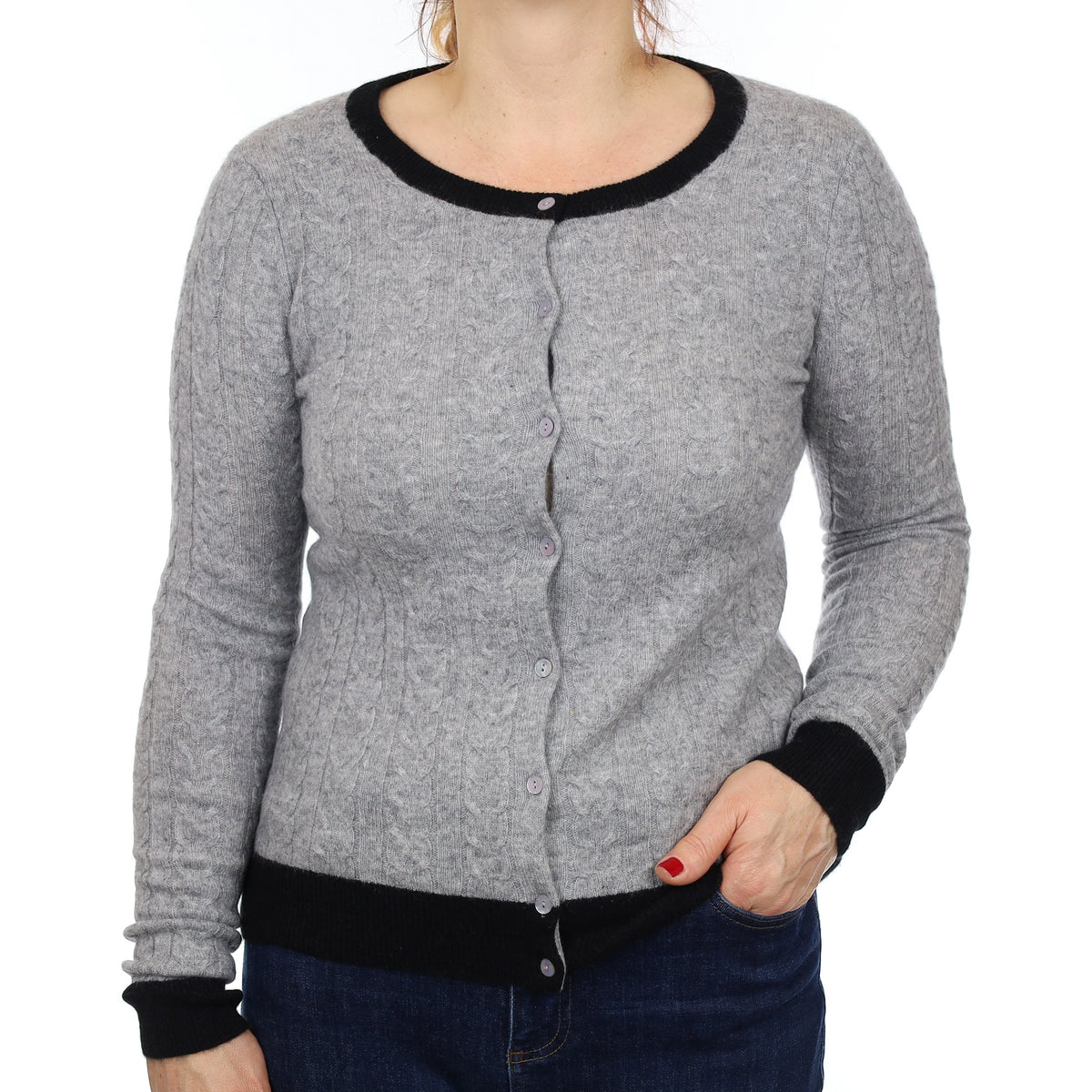 Grey and Black Cable Cashmere Crew Neck Cardigan Medium