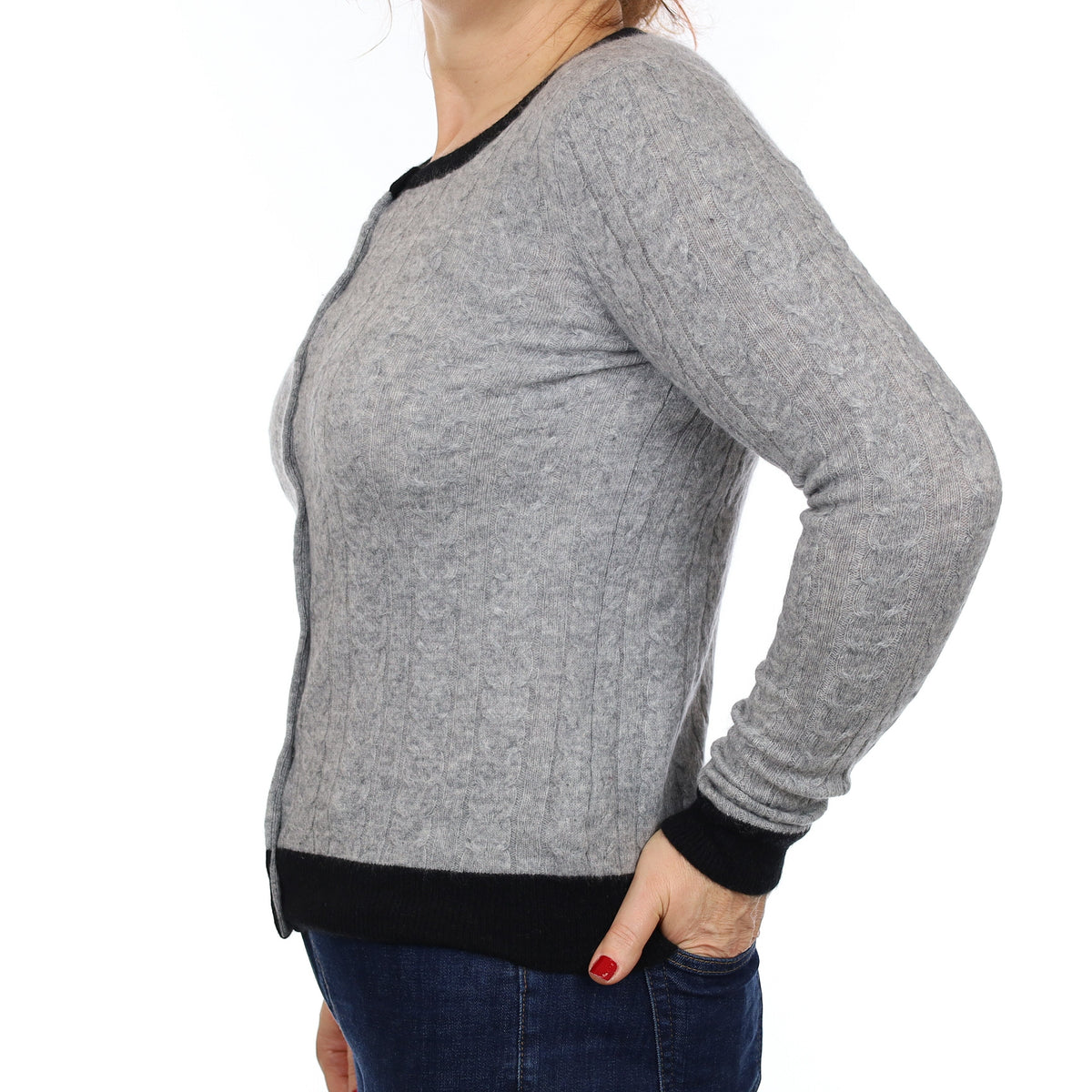 Grey and Black Cable Cashmere Crew Neck Cardigan Medium