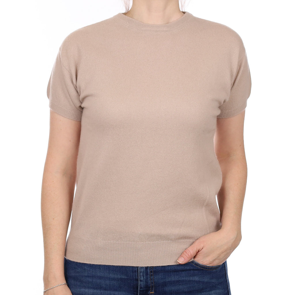 Fawn Cashmere Short Sleeved Crew Neck Jumper Small
